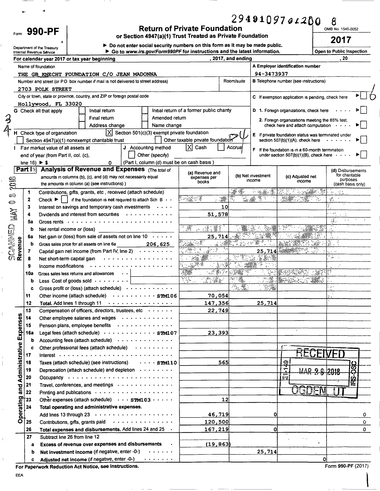 Image of first page of 2017 Form 990PF for The GB Knecht Foundation