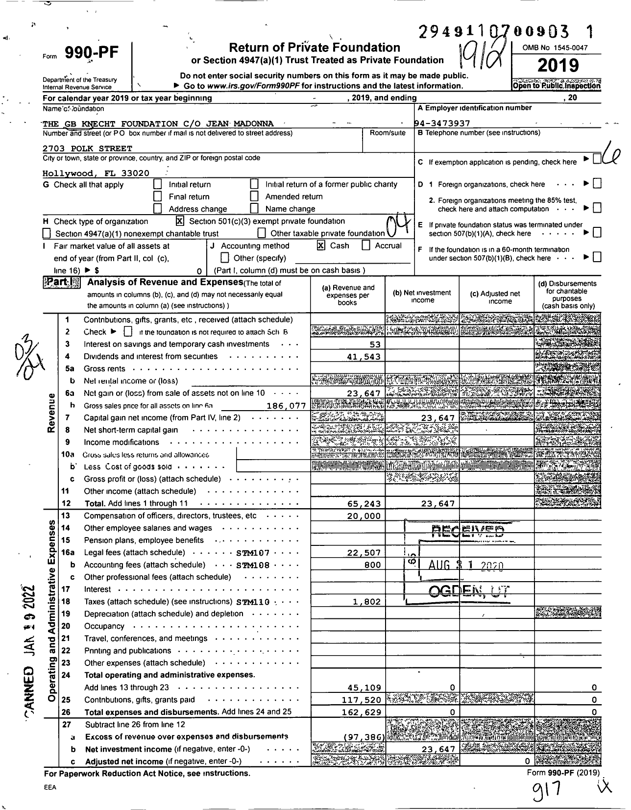 Image of first page of 2019 Form 990PF for The GB Knecht Foundation