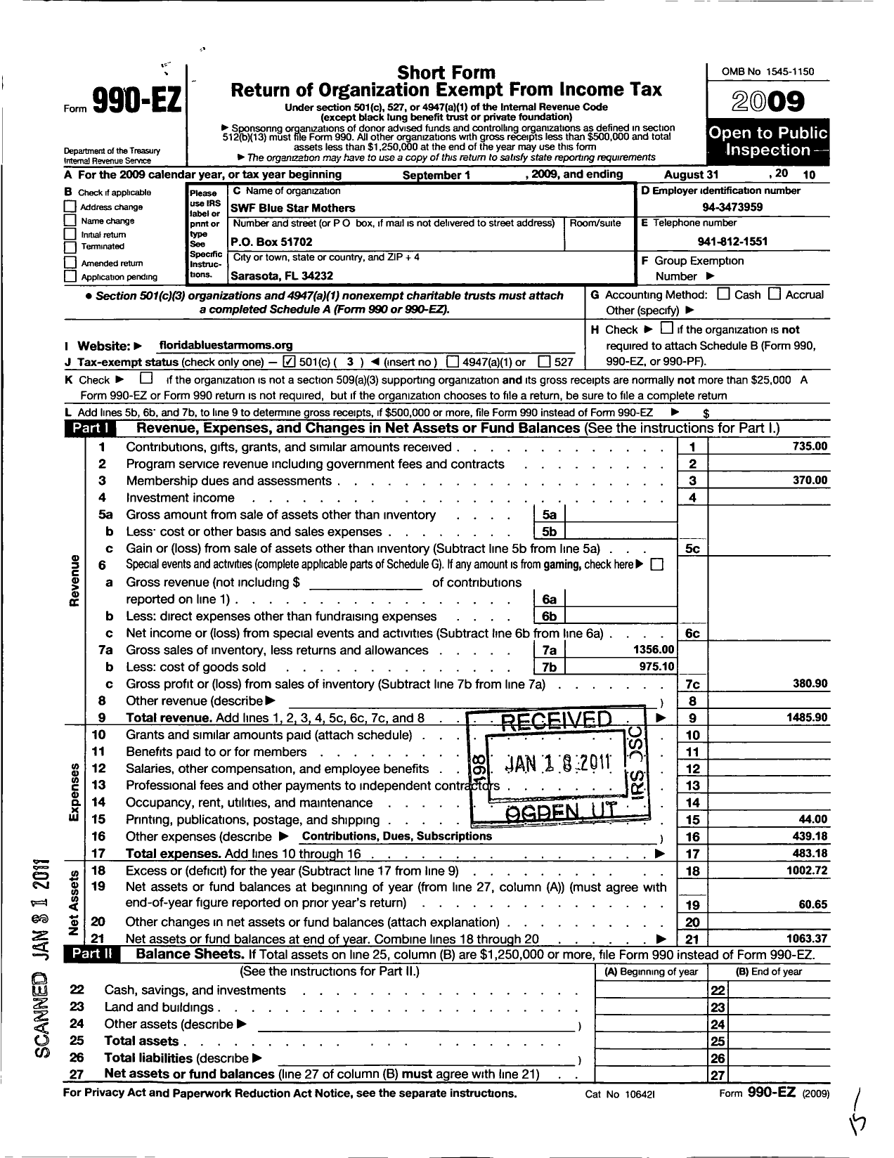 Image of first page of 2009 Form 990EZ for Blue Star Mothers of America - 4 FL SWF BSM