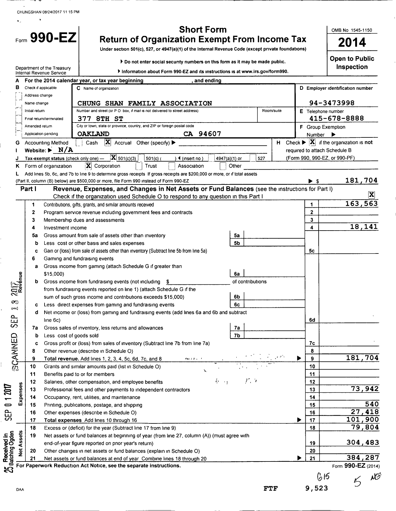 Image of first page of 2015 Form 990EZ for Chung Shan Family Association Chung Shan Family Association