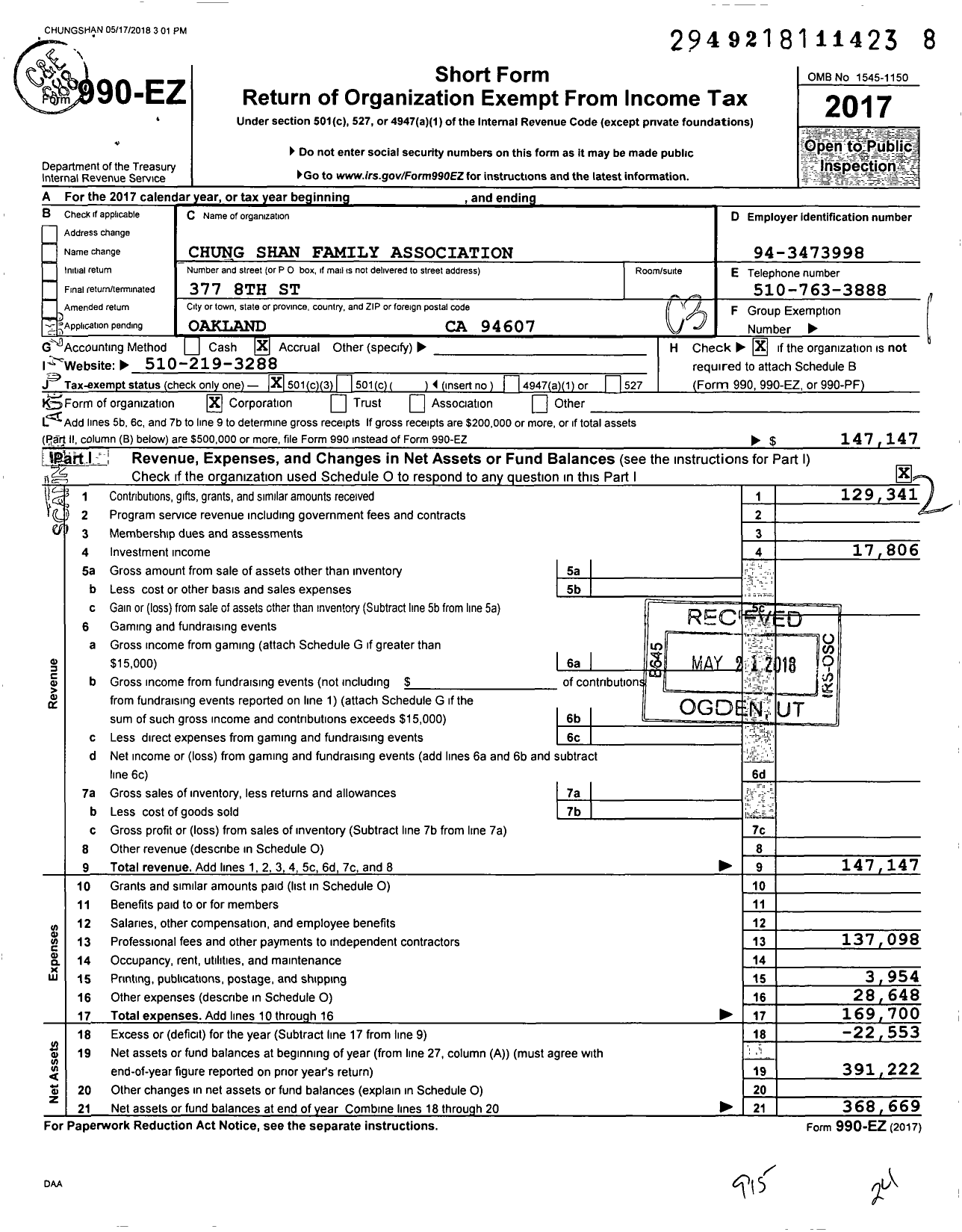 Image of first page of 2017 Form 990EZ for Chung Shan Family Association Chung Shan Family Association