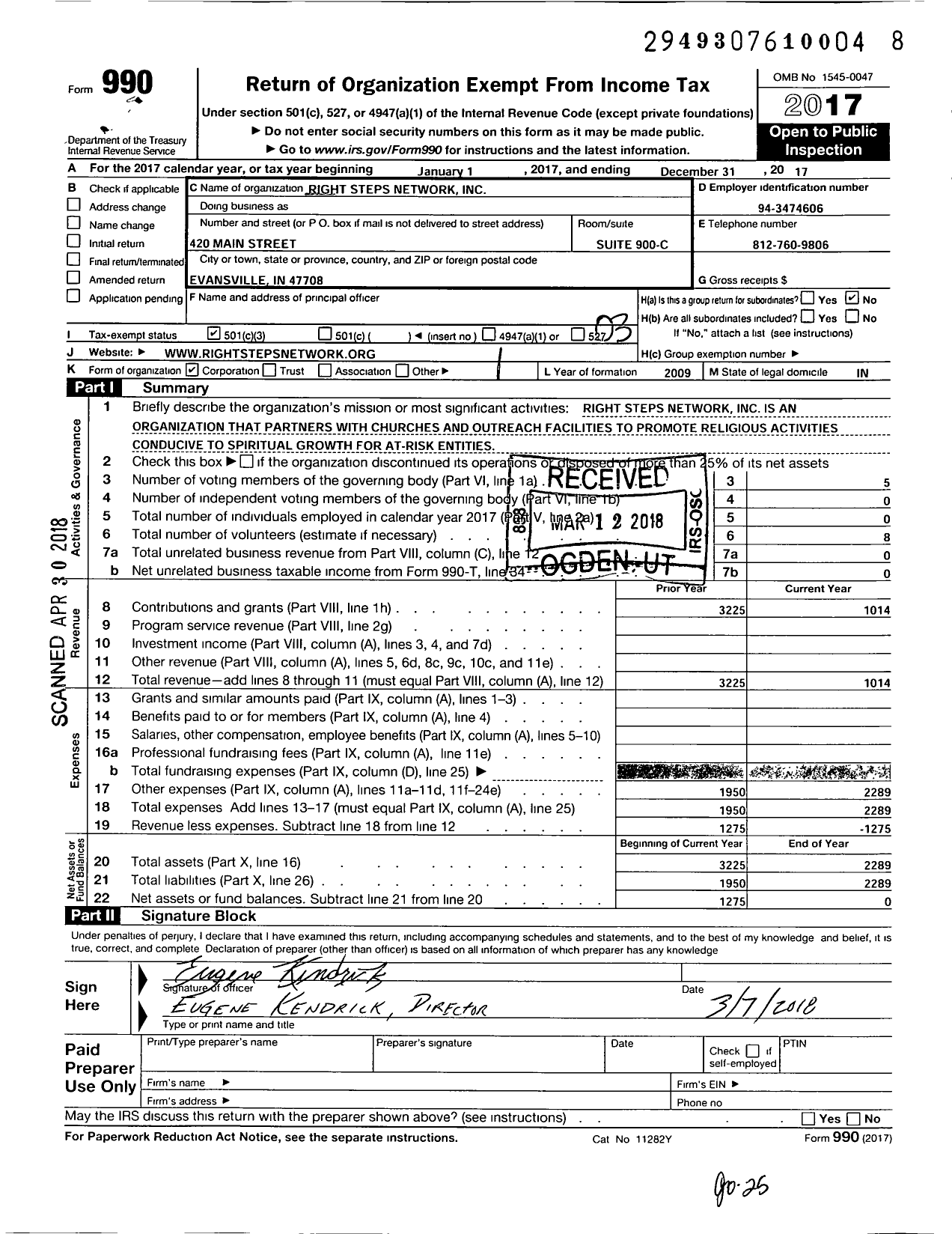 Image of first page of 2017 Form 990 for Right Steps Network