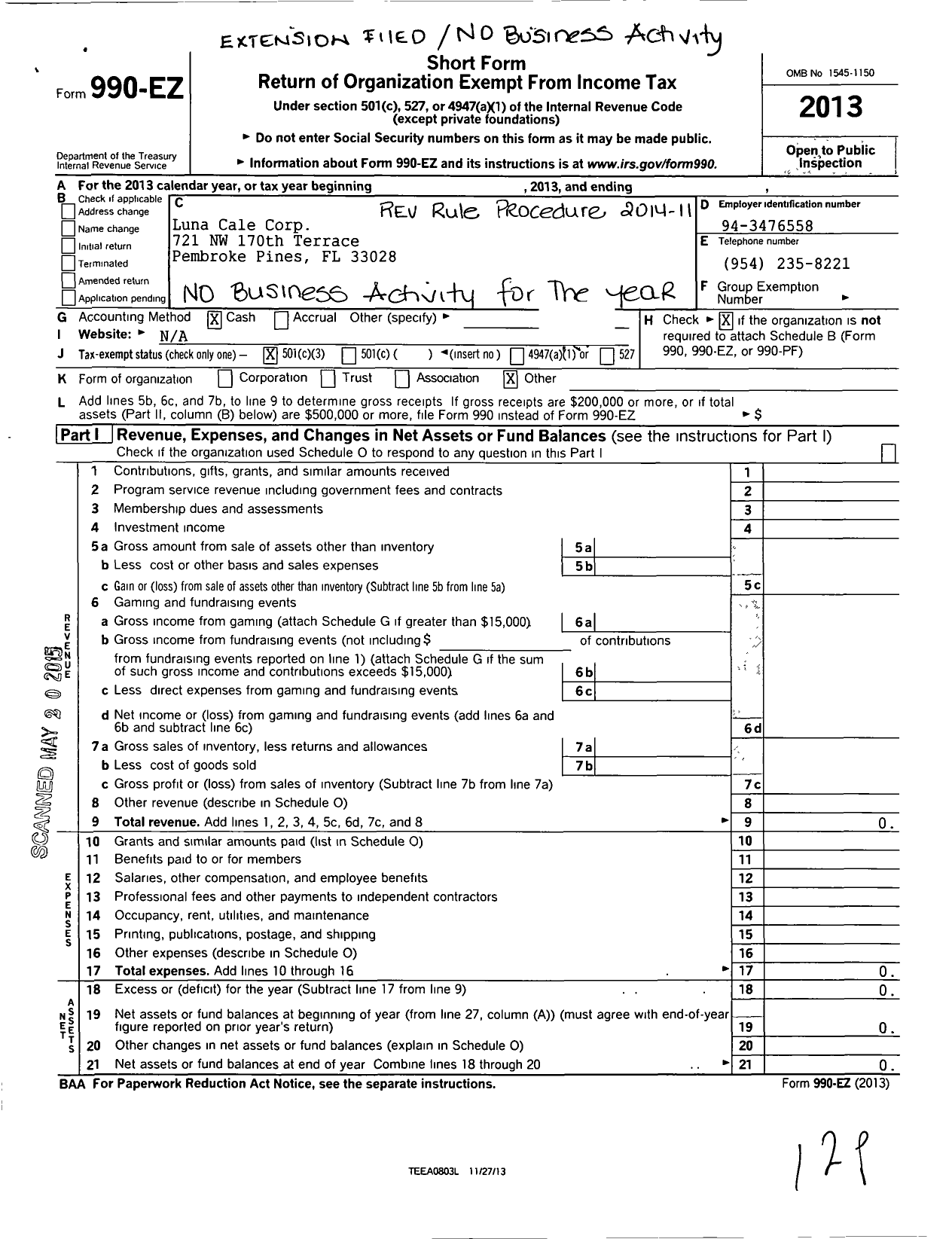 Image of first page of 2013 Form 990EZ for Luna Cale Corporation