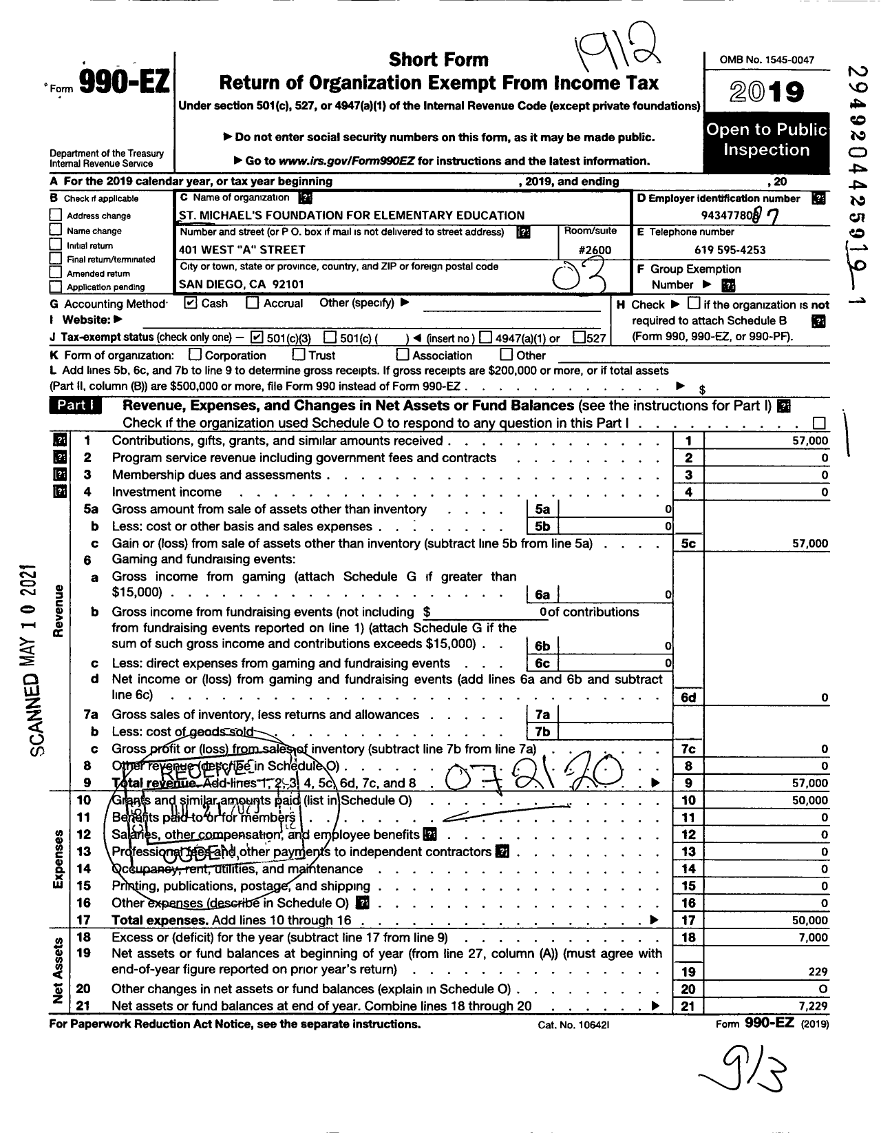 Image of first page of 2019 Form 990EZ for St Michaels Foundation for Elementary Education in the Center