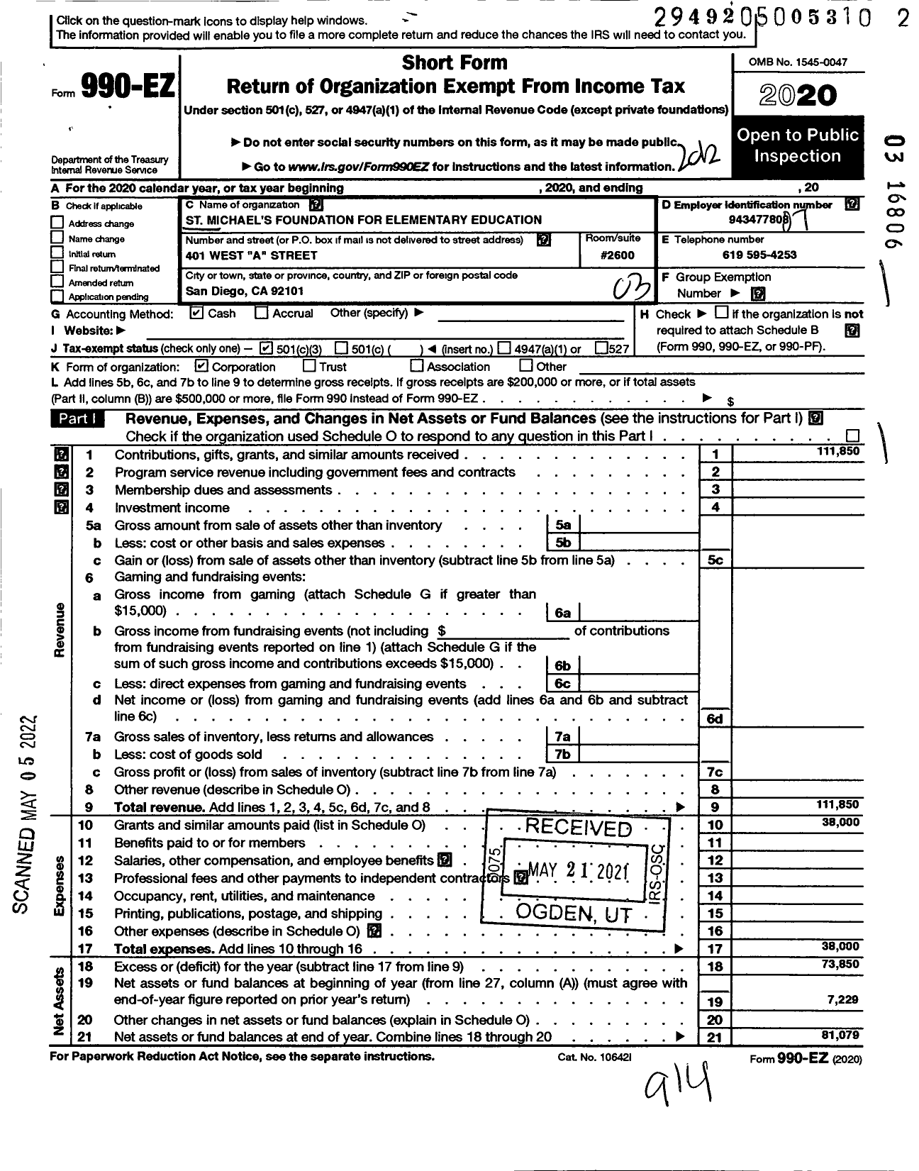 Image of first page of 2020 Form 990EZ for St Michaels Foundation for Elementary Education in the Center