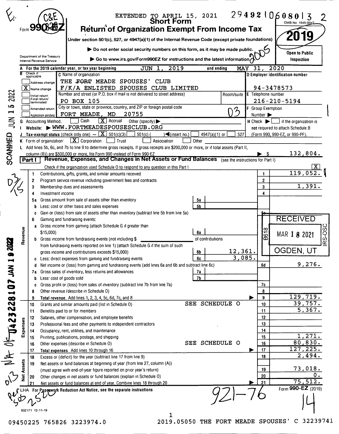 Image of first page of 2019 Form 990EZ for Fort Meade Spouses Club