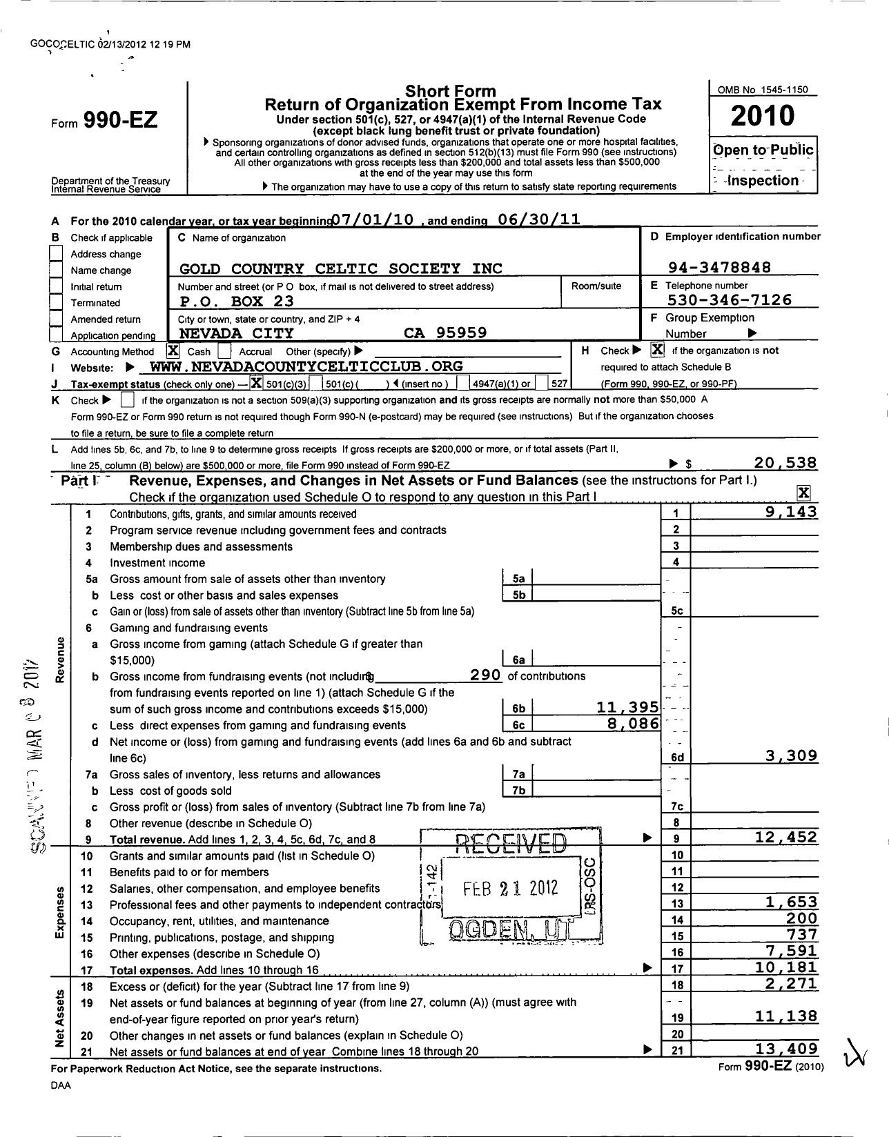 Image of first page of 2010 Form 990EZ for Gold Country Celtic Society