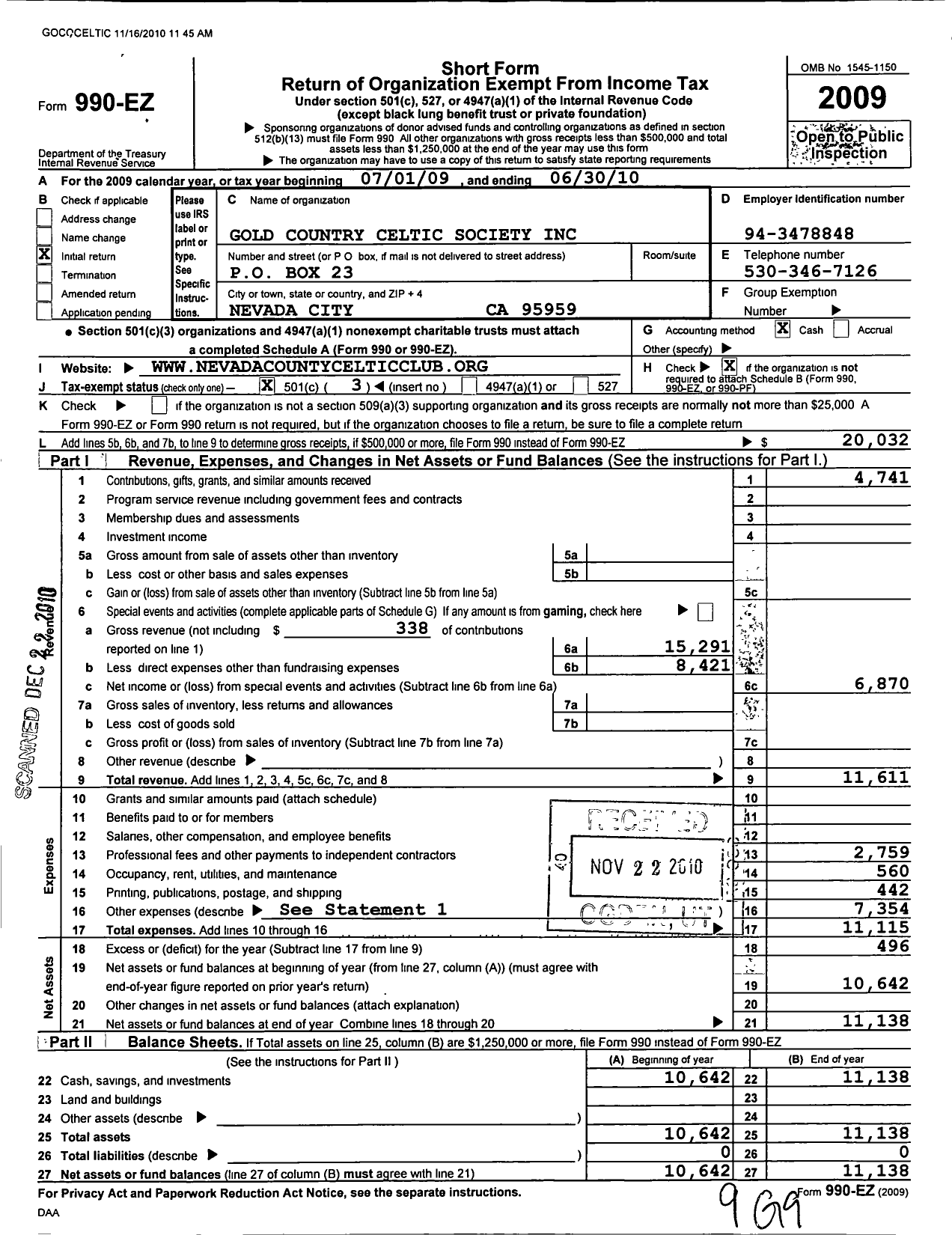 Image of first page of 2009 Form 990EZ for Gold Country Celtic Society