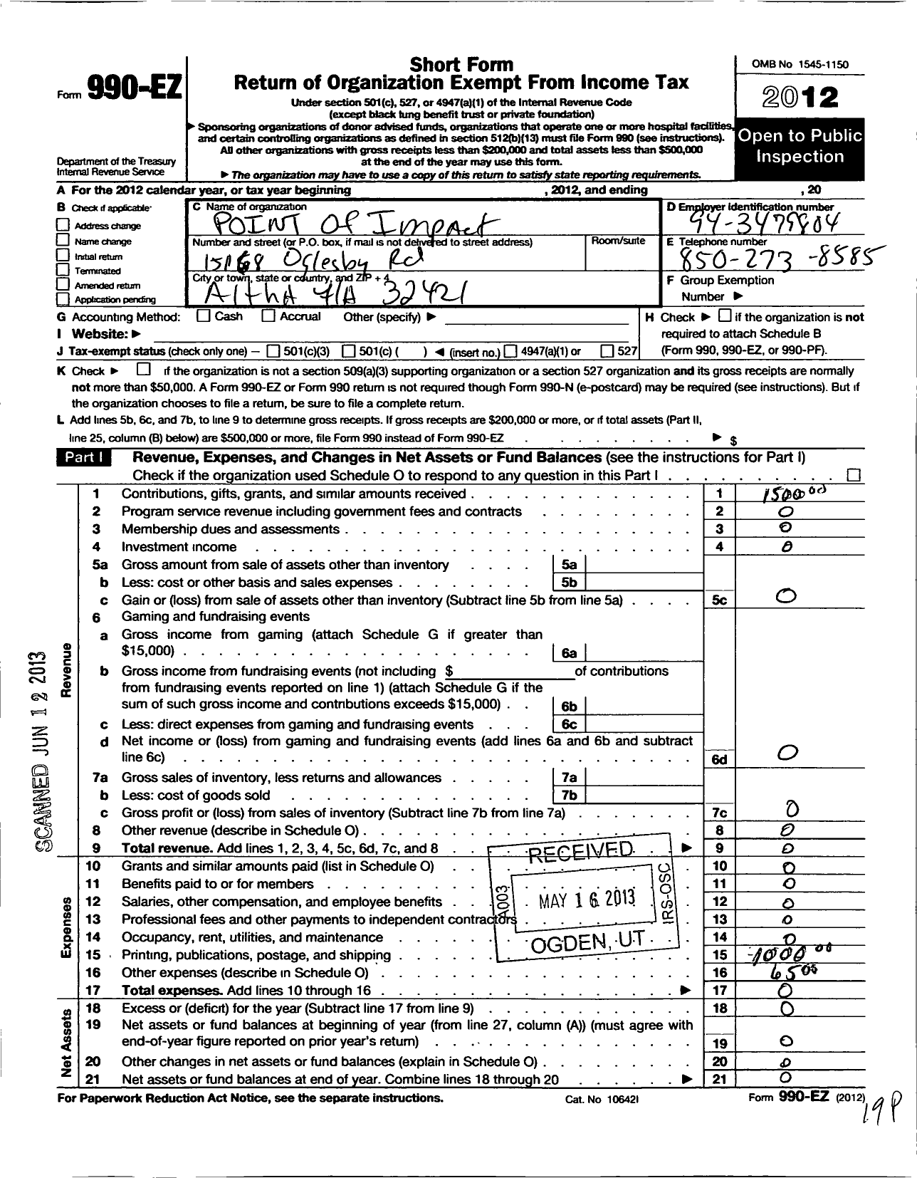 Image of first page of 2012 Form 990EO for Point of Impact