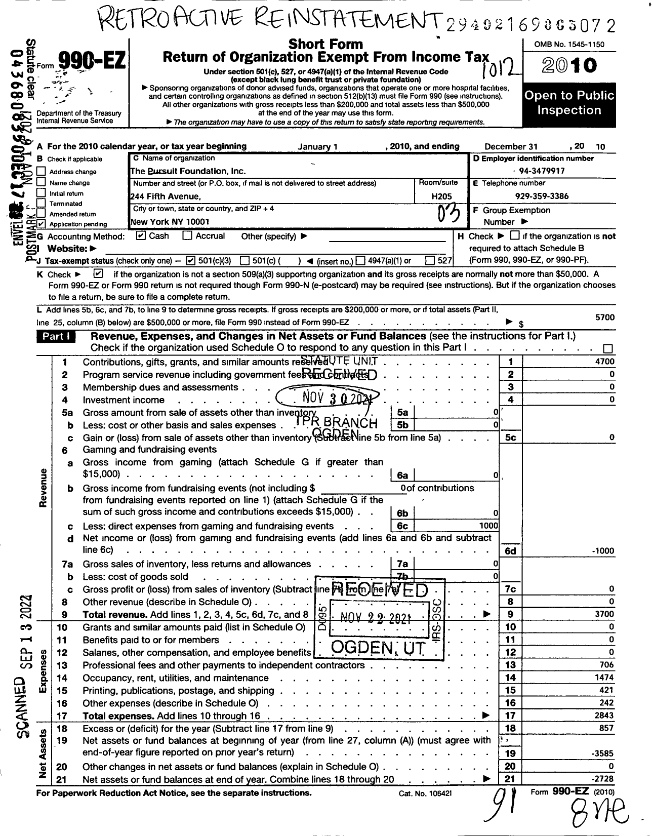 Image of first page of 2013 Form 990EZ for Pursuit Foundation