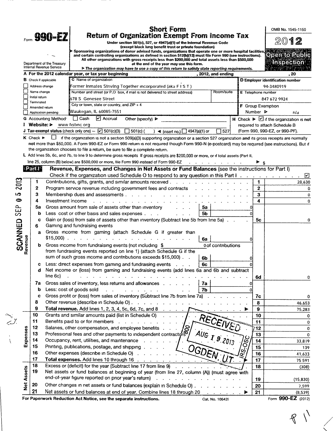 Image of first page of 2012 Form 990EZ for Former Inmates Striving Together