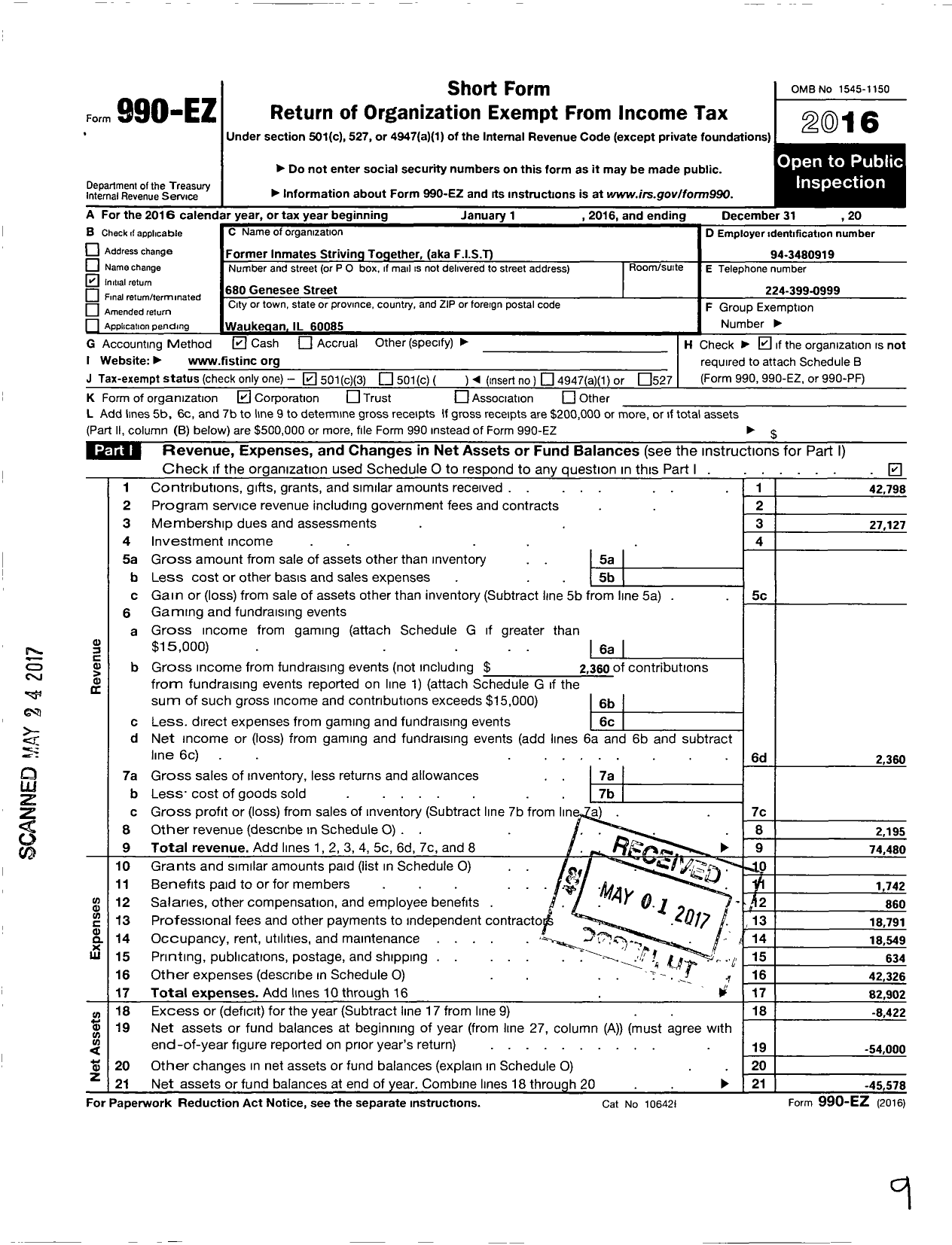 Image of first page of 2016 Form 990EZ for Former Inmates Striving Together