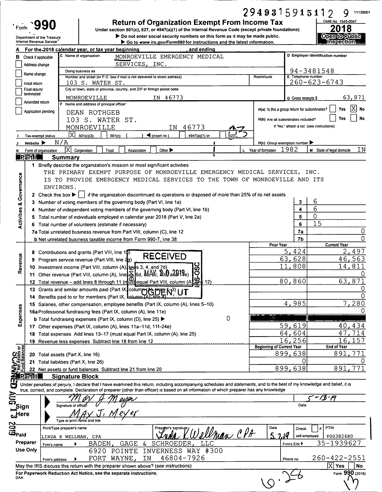 Image of first page of 2018 Form 990 for Monroeville Emergency Medical Services