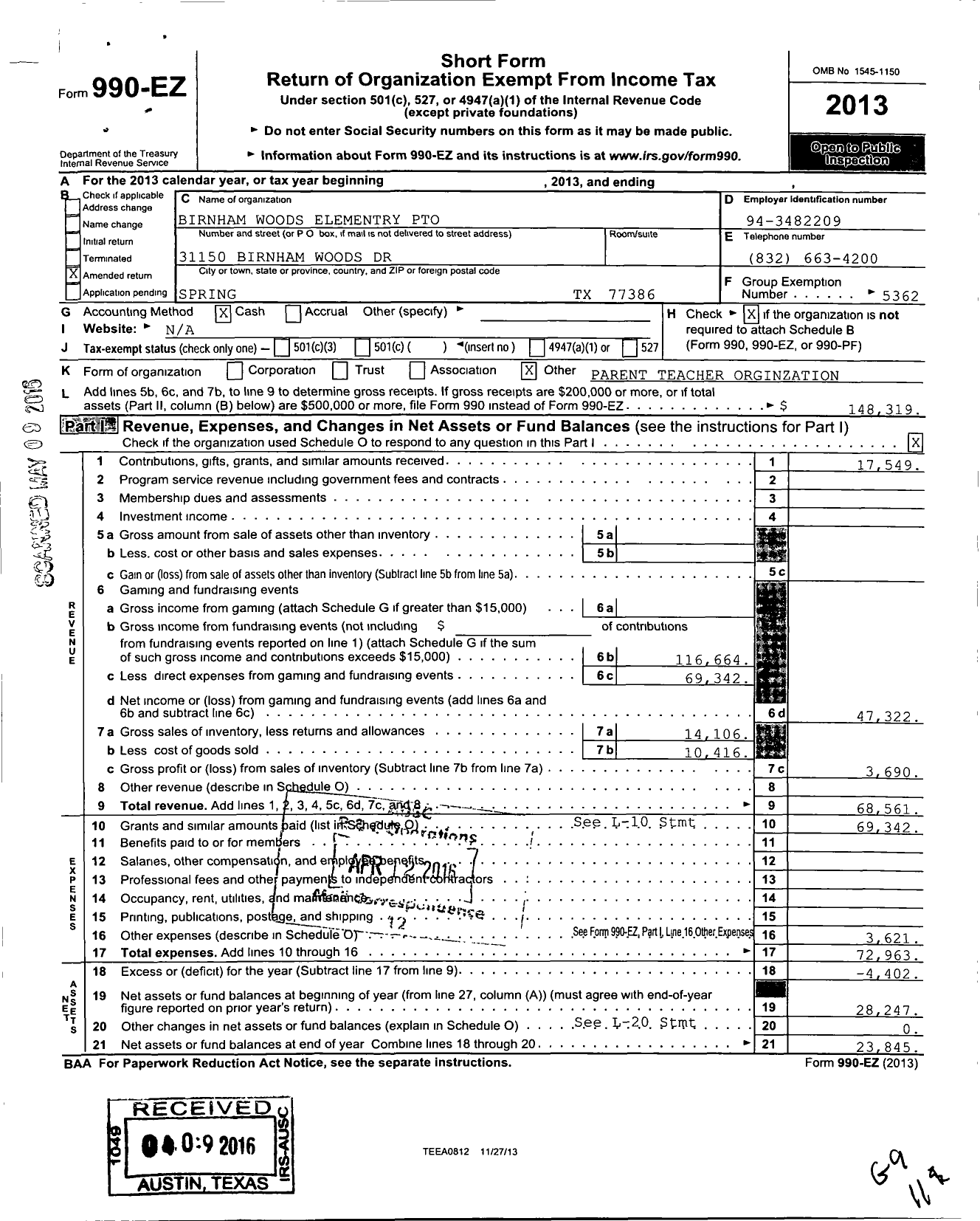 Image of first page of 2013 Form 990EO for CISD Educational Support Groups / Birnham Woods Pto