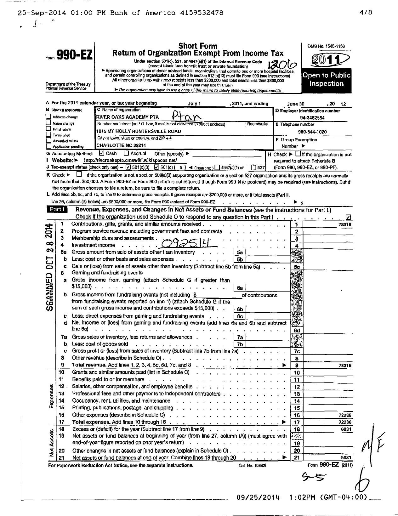 Image of first page of 2011 Form 990EO for North Carolina PTA - River Oaks Academy PTA