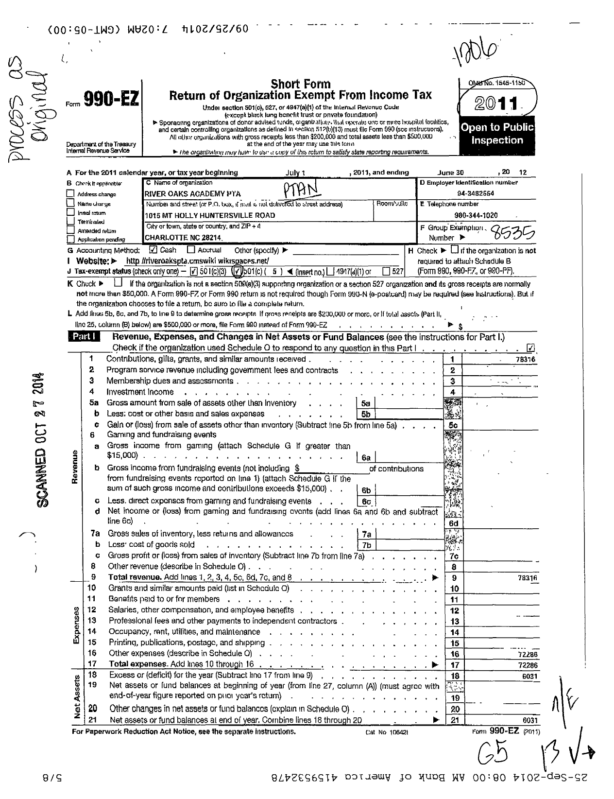 Image of first page of 2011 Form 990EO for North Carolina PTA - River Oaks Academy PTA