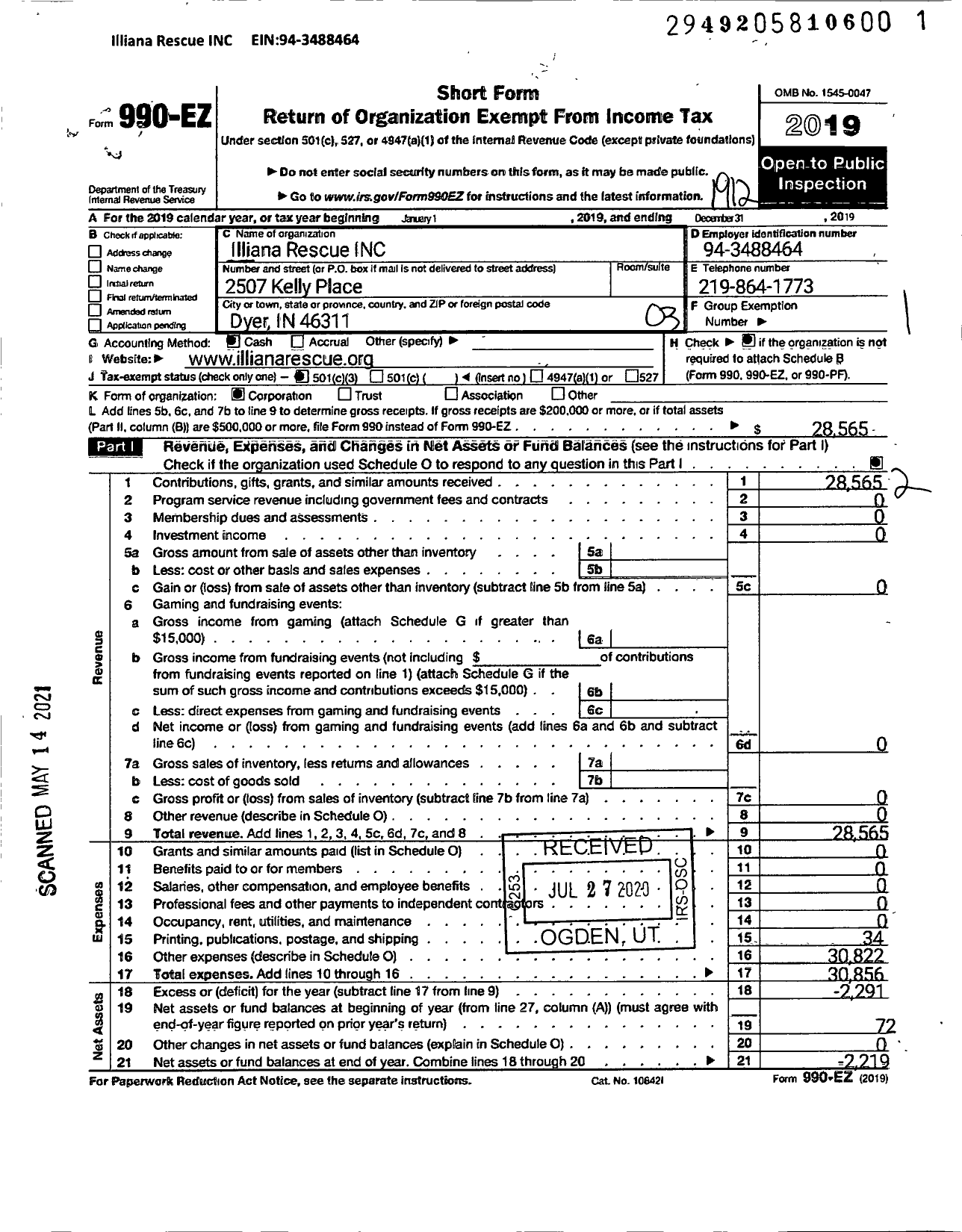 Image of first page of 2019 Form 990EZ for Illiana Rescue