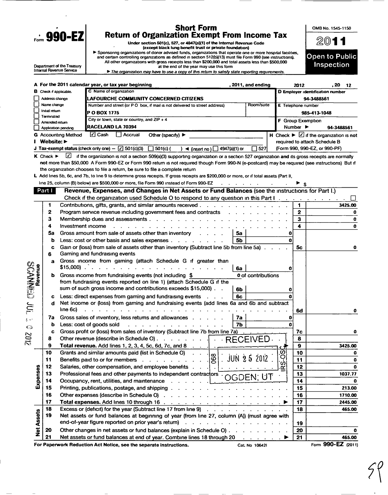 Image of first page of 2011 Form 990EZ for Lafourche Community Concerned Citizens