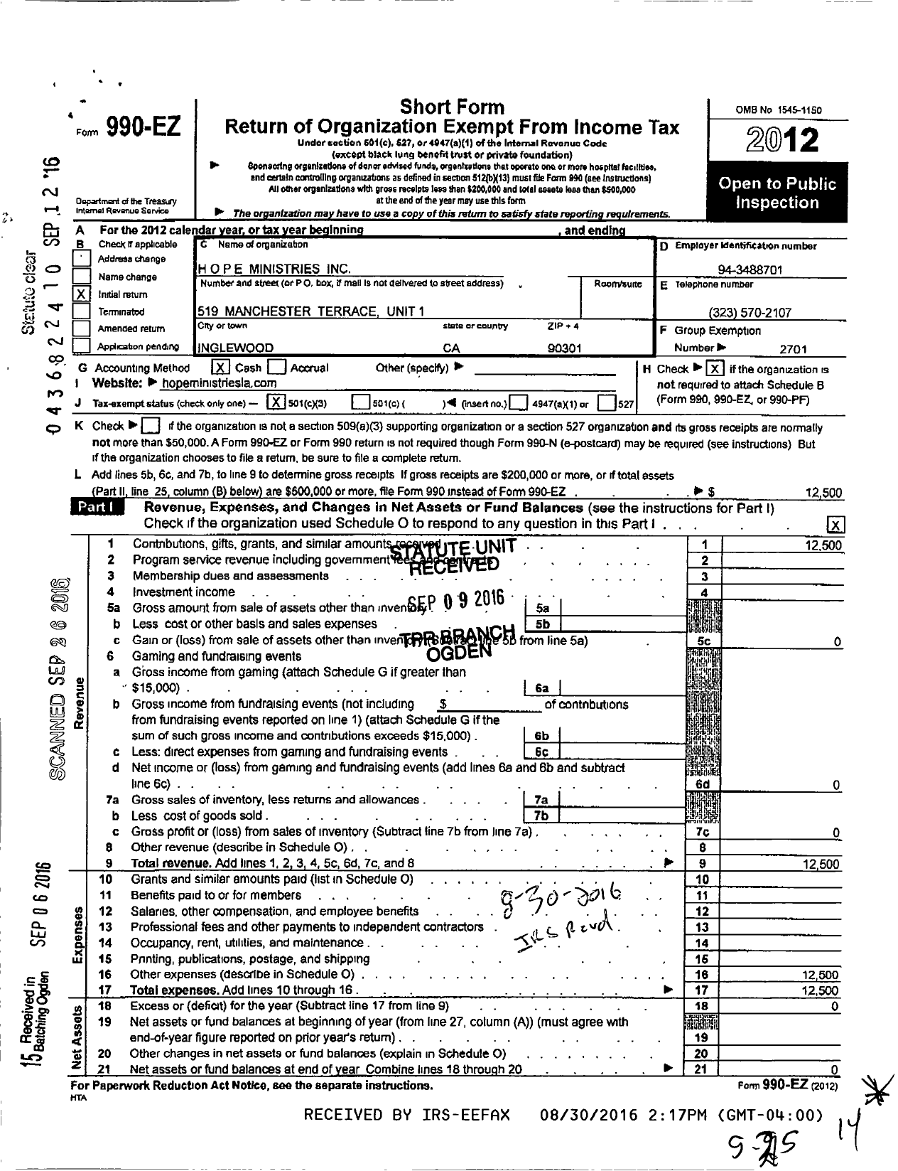 Image of first page of 2012 Form 990EZ for Hope Ministries