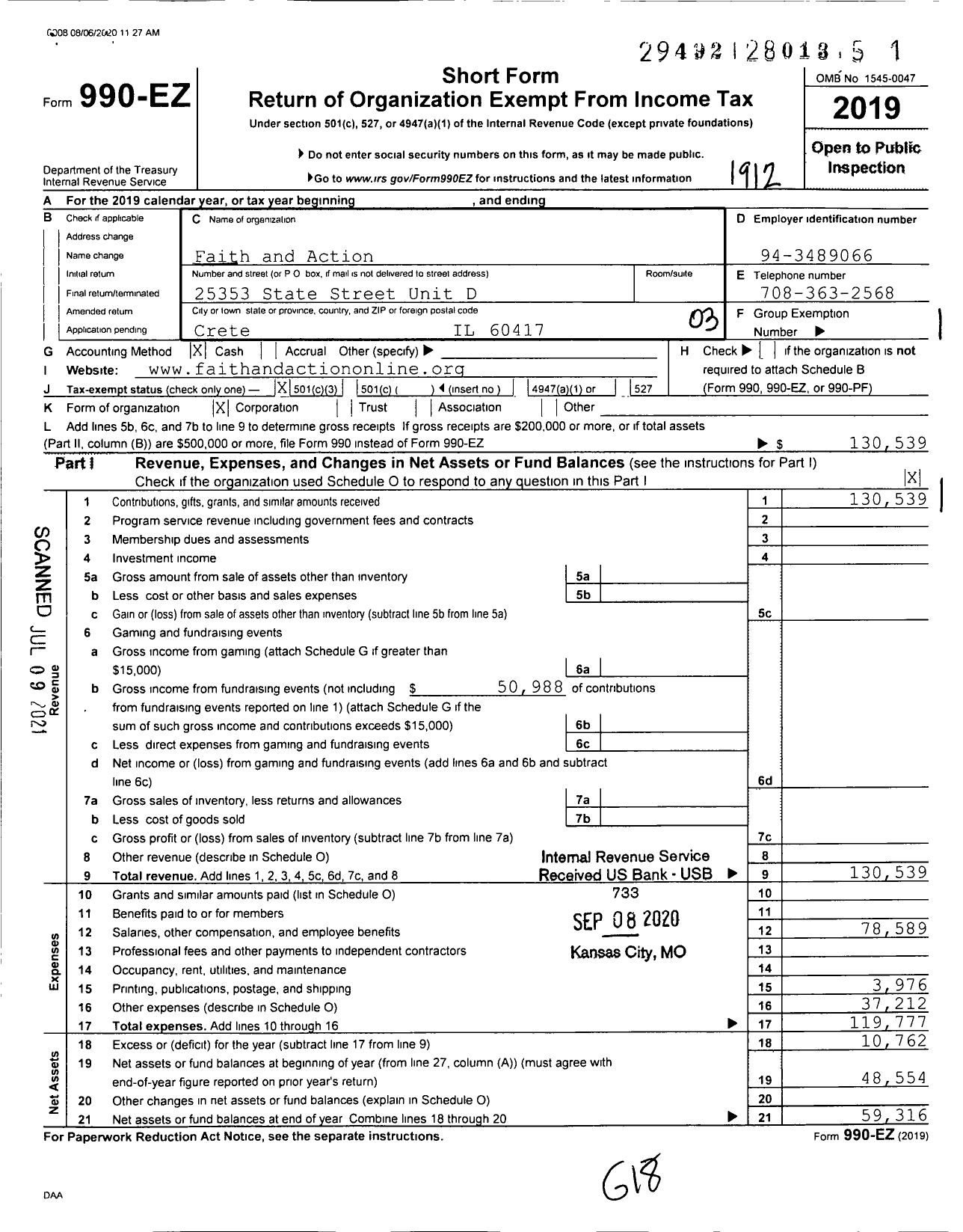 Image of first page of 2019 Form 990EZ for Faith and Action