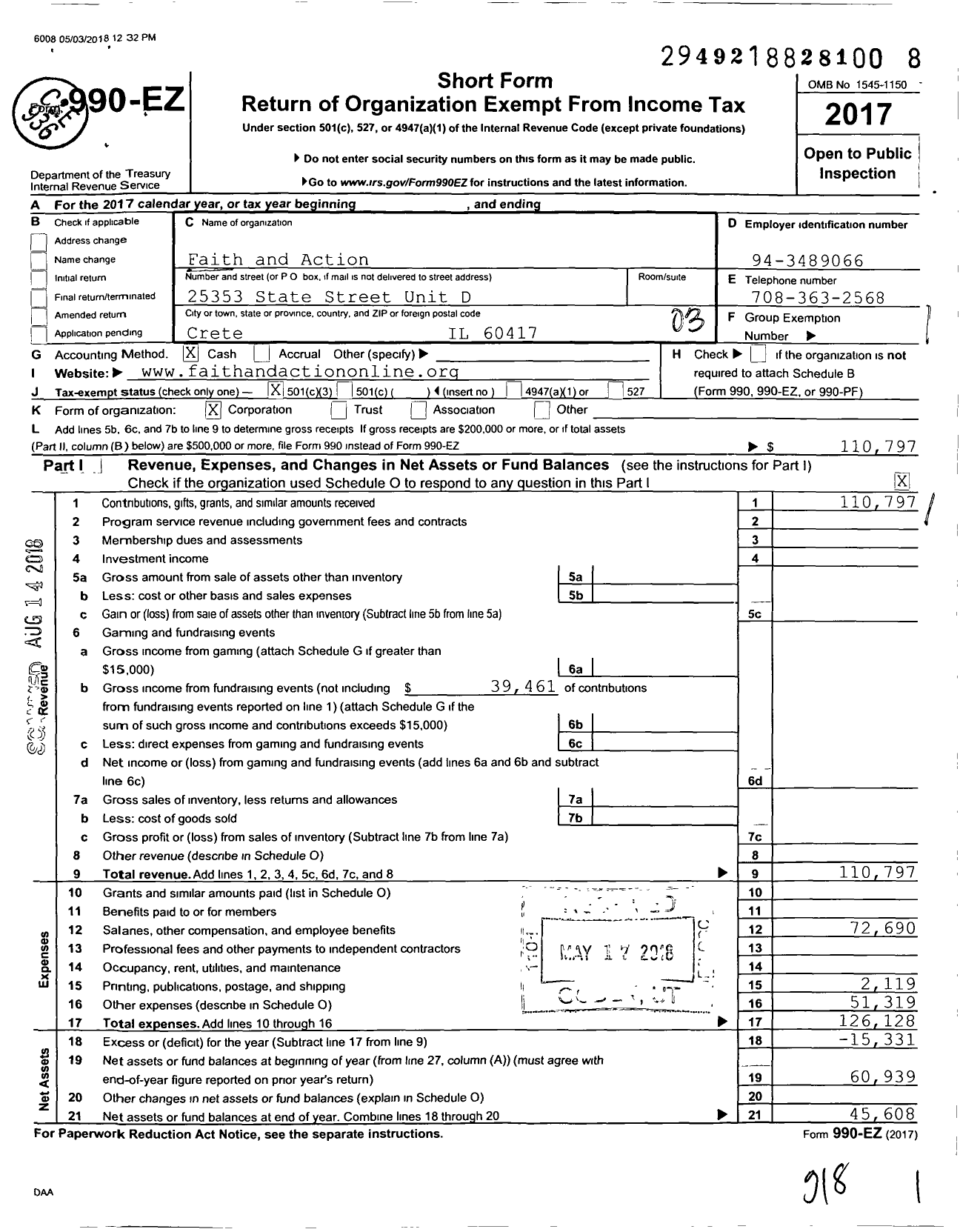 Image of first page of 2017 Form 990EZ for Faith and Action