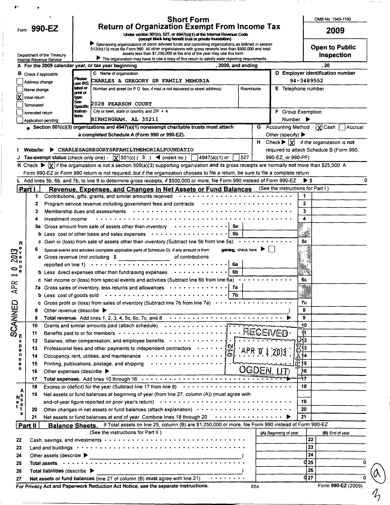 Image of first page of 2009 Form 990EZ for Charles Alex Gregory SR Family Memorial Foundation