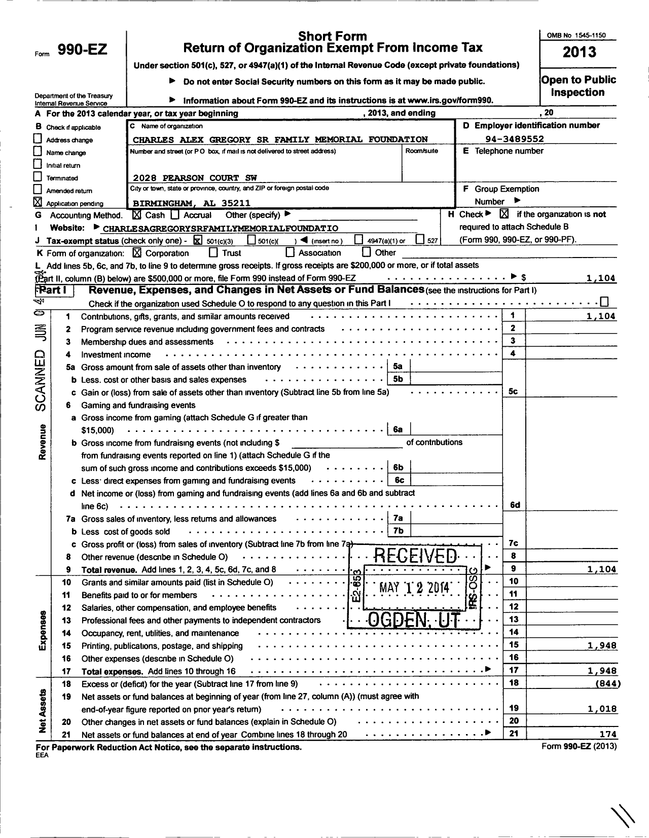 Image of first page of 2013 Form 990EZ for Charles Alex Gregory SR Family Memorial Foundation