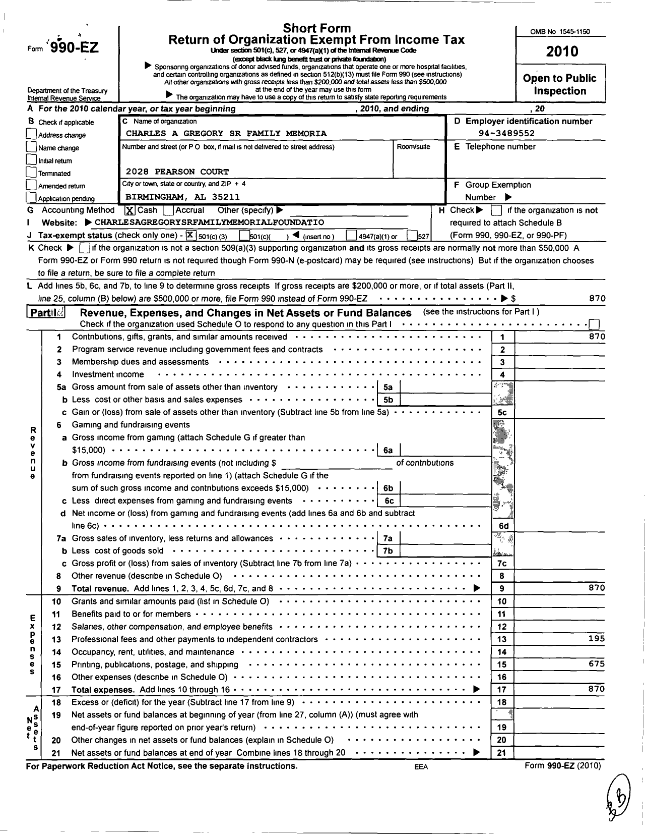 Image of first page of 2010 Form 990EZ for Charles Alex Gregory SR Family Memorial Foundation