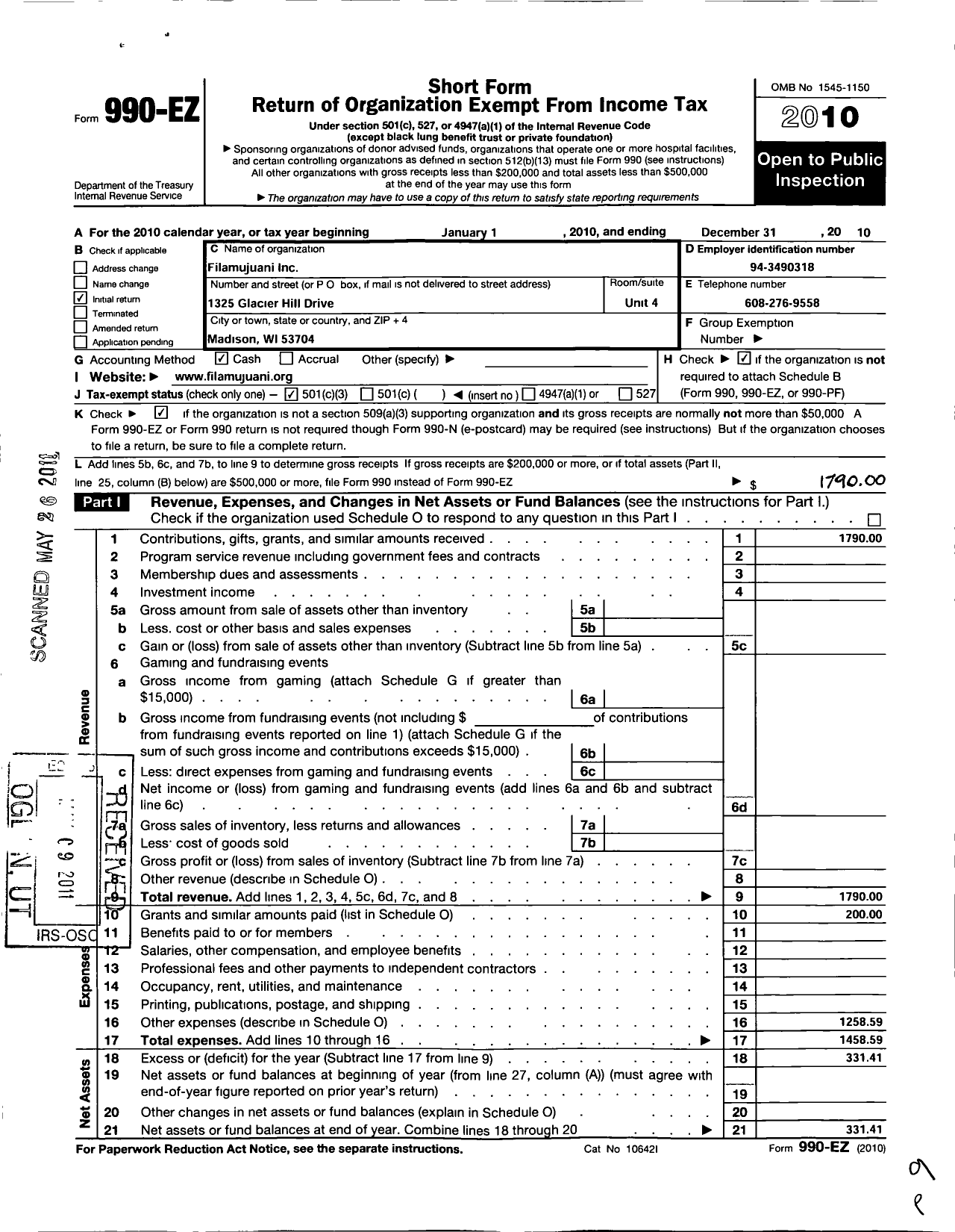 Image of first page of 2010 Form 990EZ for Filamujuani