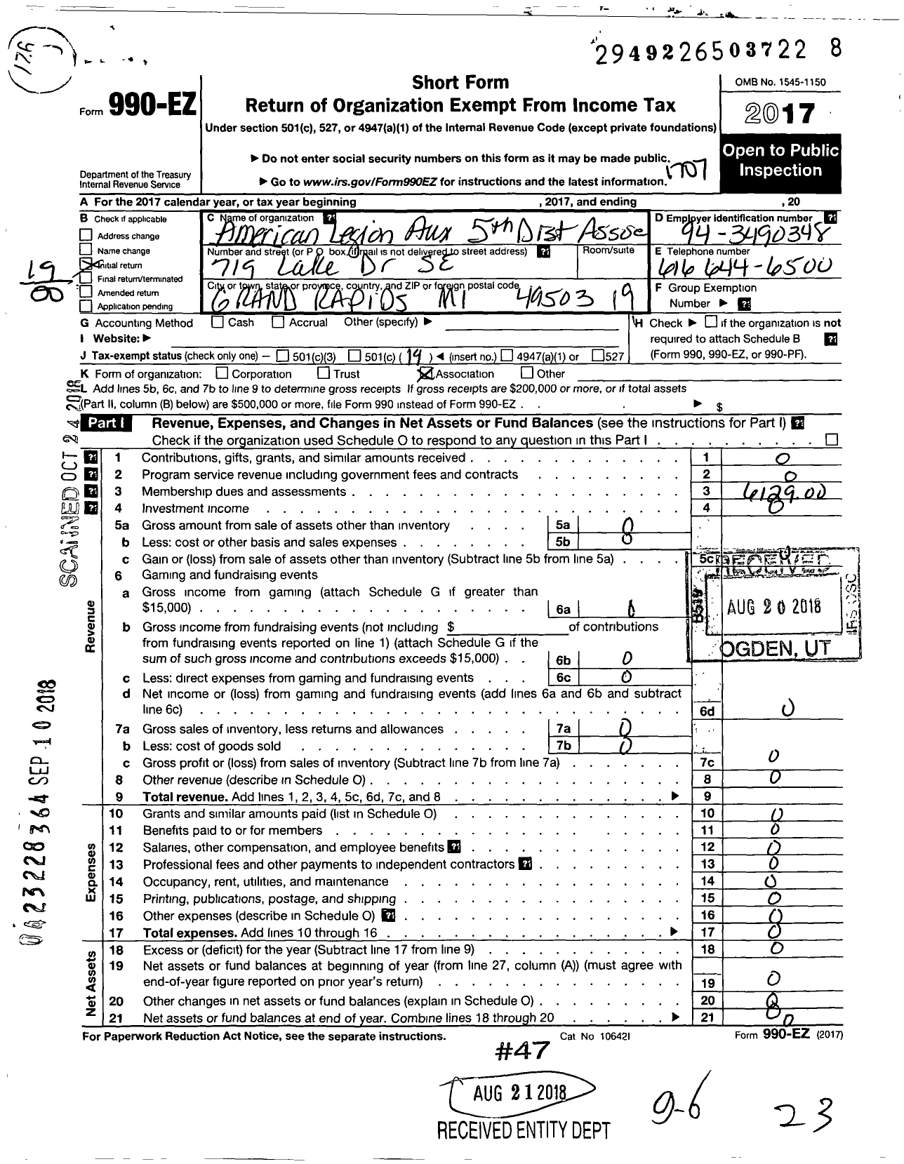 Image of first page of 2016 Form 990EO for American Legion Auxiliary