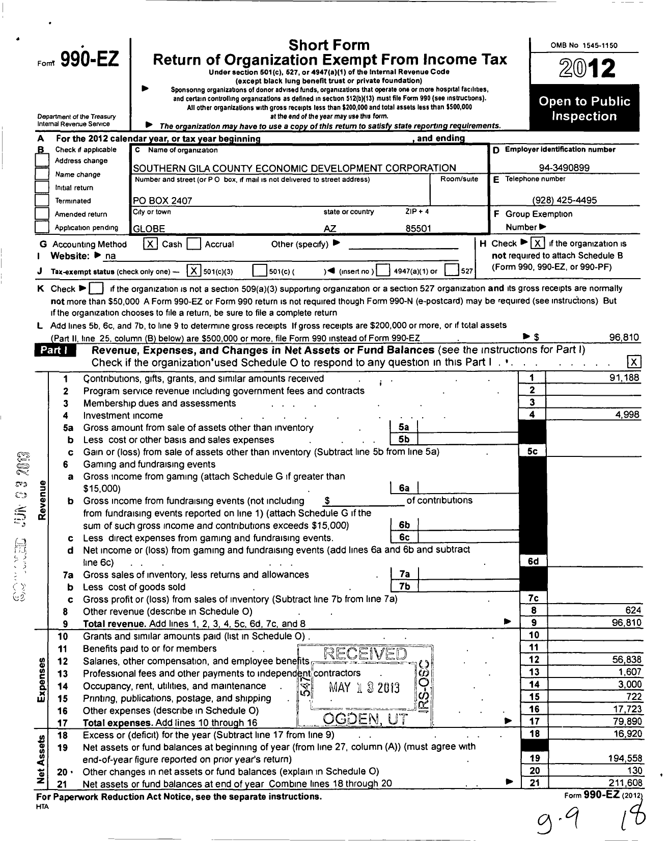 Image of first page of 2012 Form 990EZ for Southern Gila County Economic Development Corporation