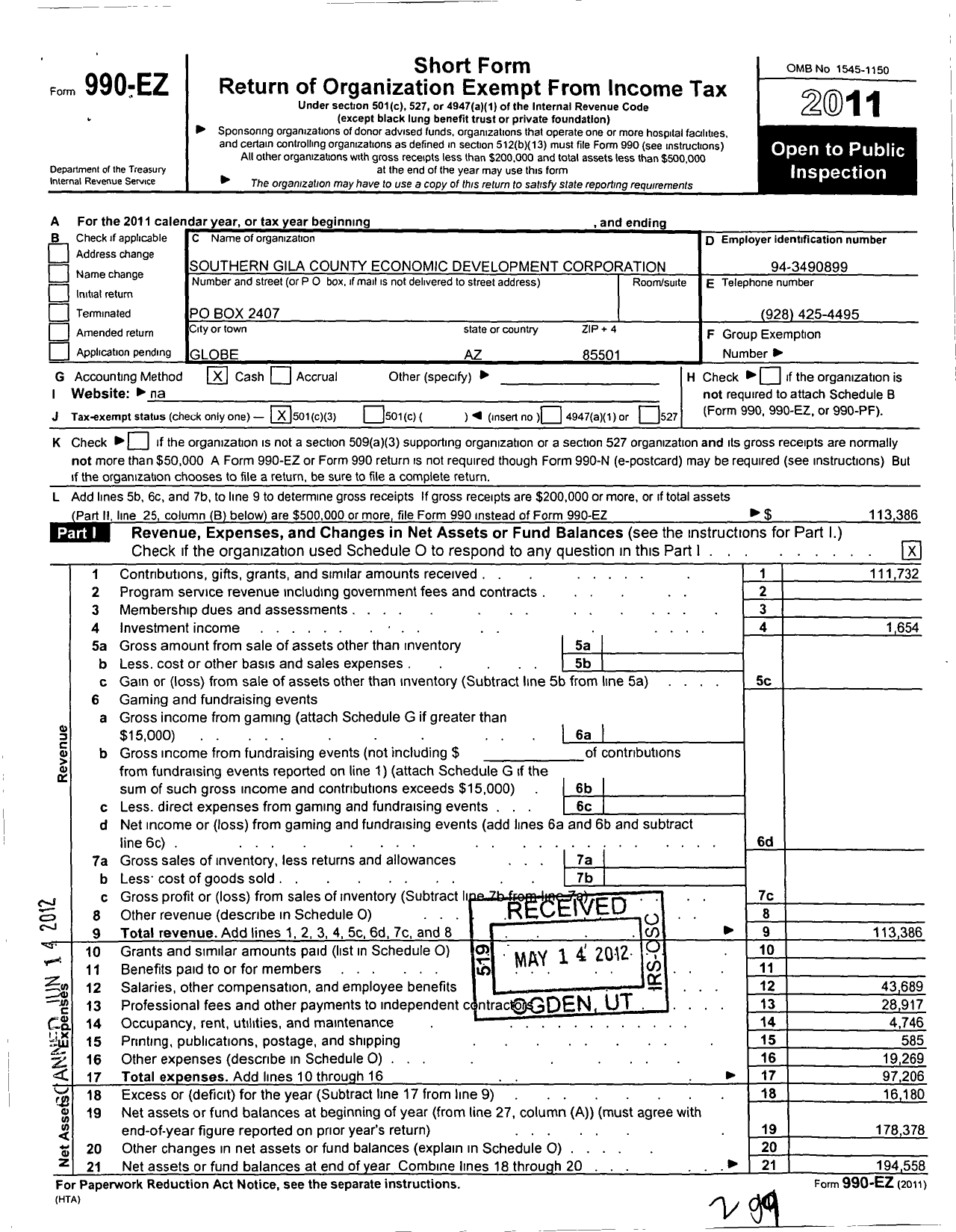 Image of first page of 2011 Form 990EZ for Southern Gila County Economic Development Corporation