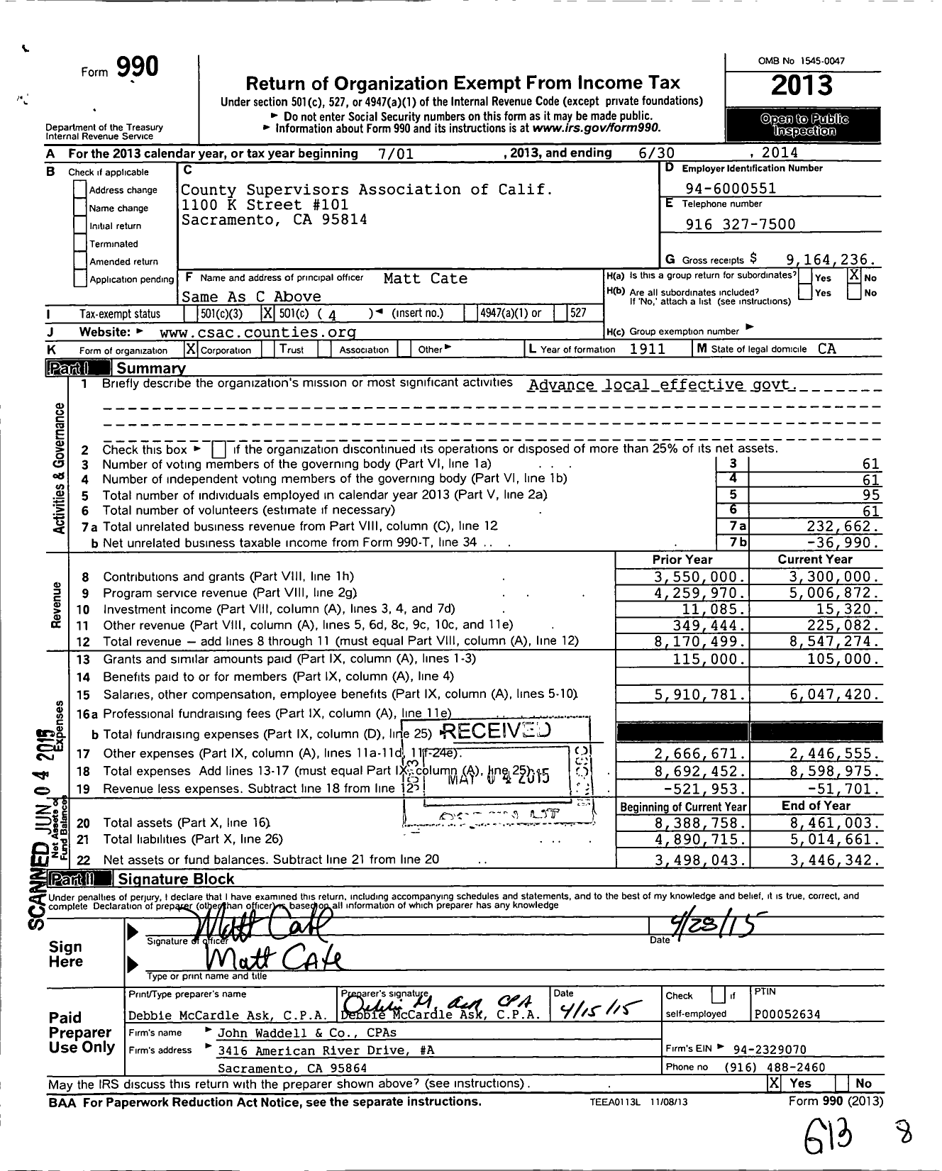 Image of first page of 2013 Form 990O for California State Association of Counties (CSAC)