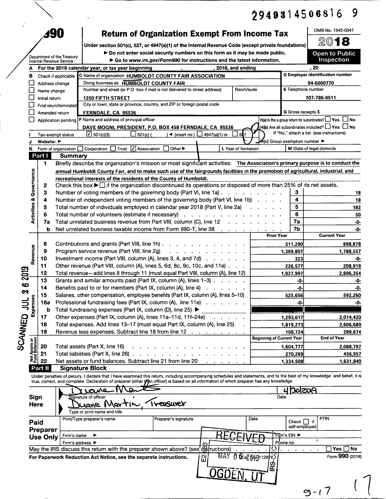 Image of first page of 2018 Form 990 for Humboldt County Fair Association