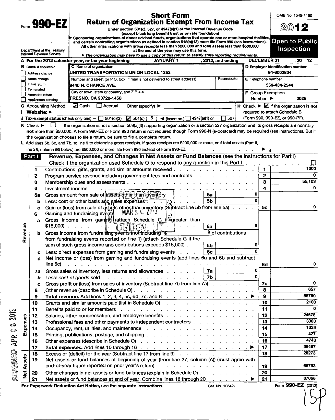 Image of first page of 2012 Form 990EO for Smart Union - 1252 TD