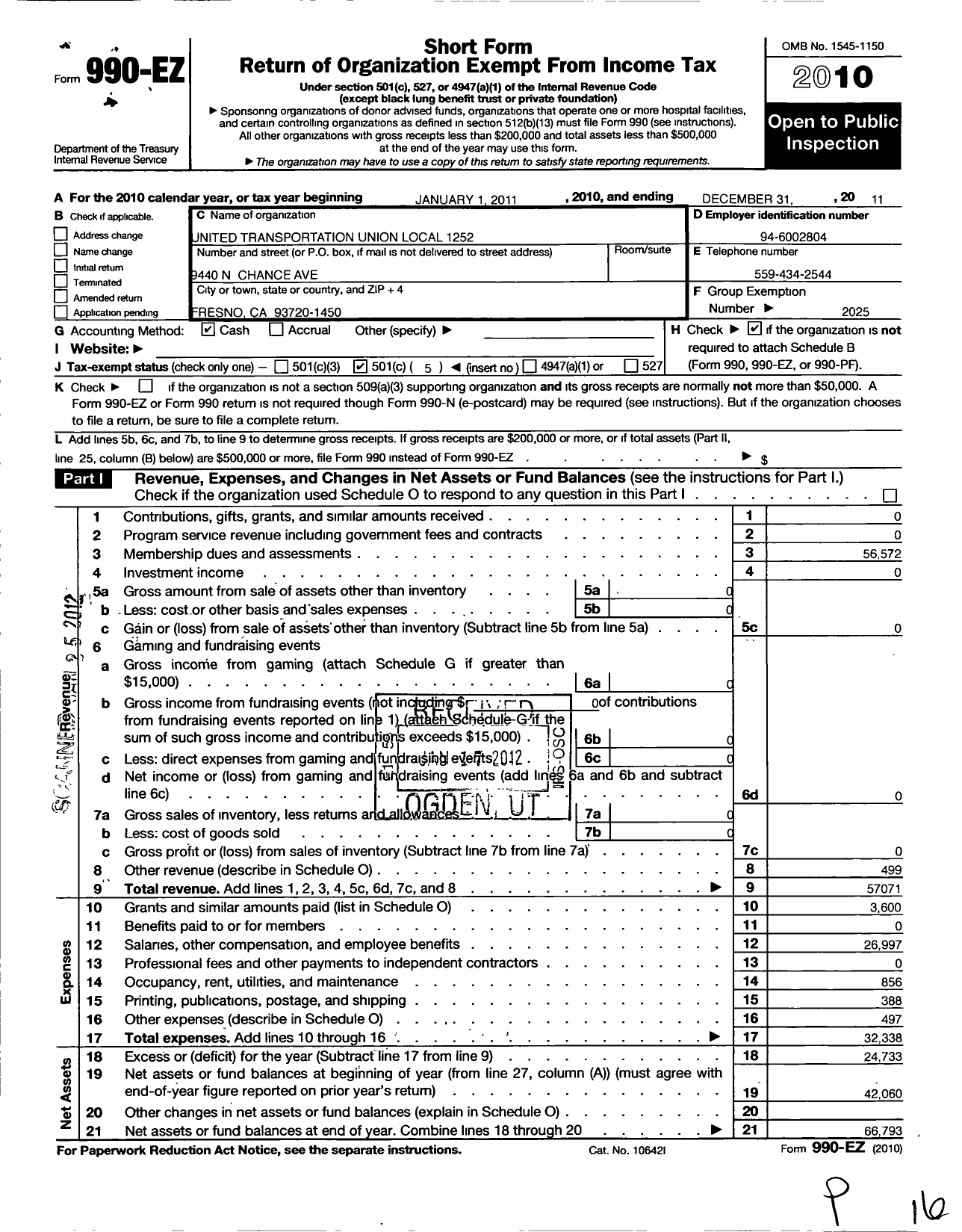 Image of first page of 2011 Form 990EO for Smart Union - 1252 TD