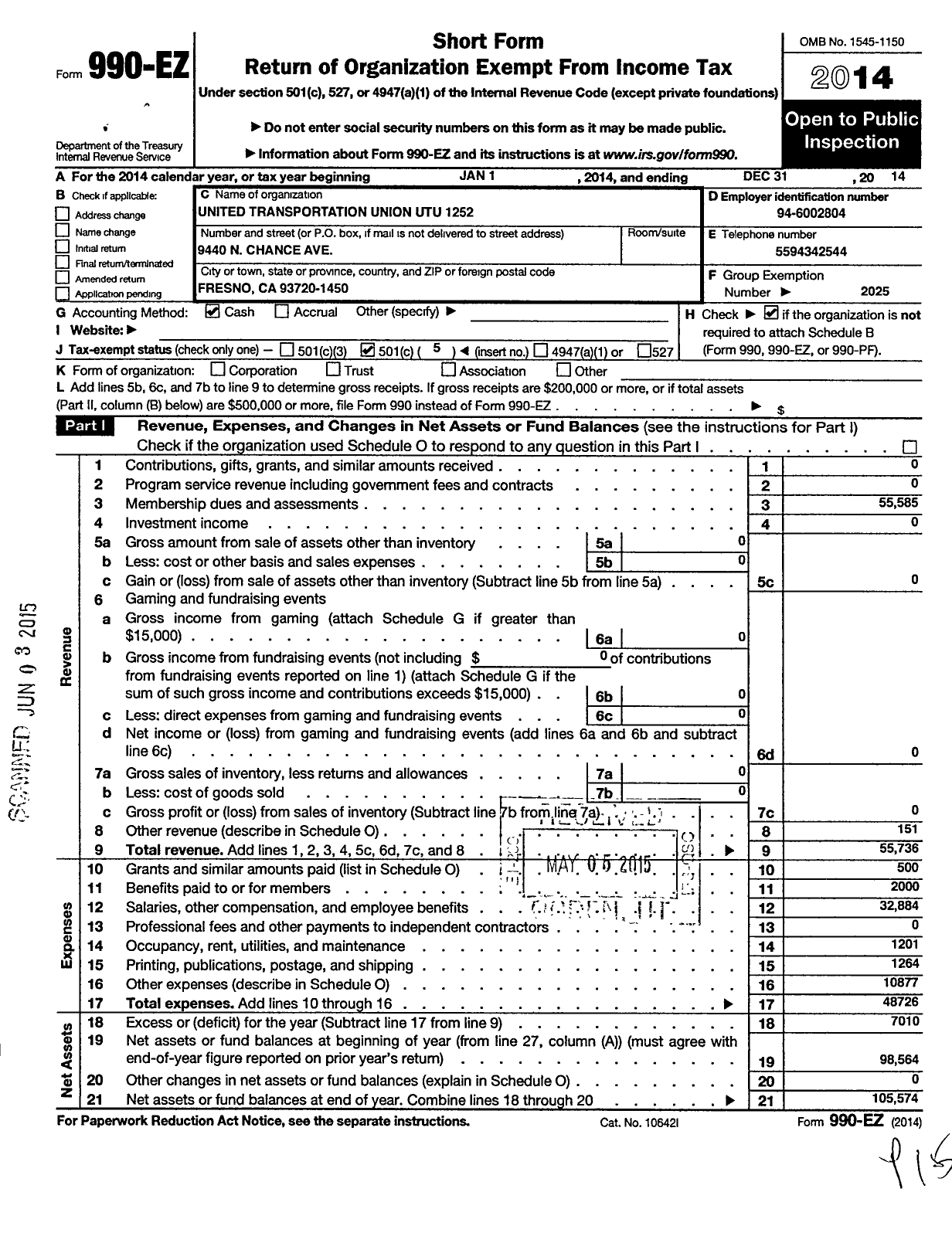 Image of first page of 2014 Form 990EO for Smart Union - 1252 TD