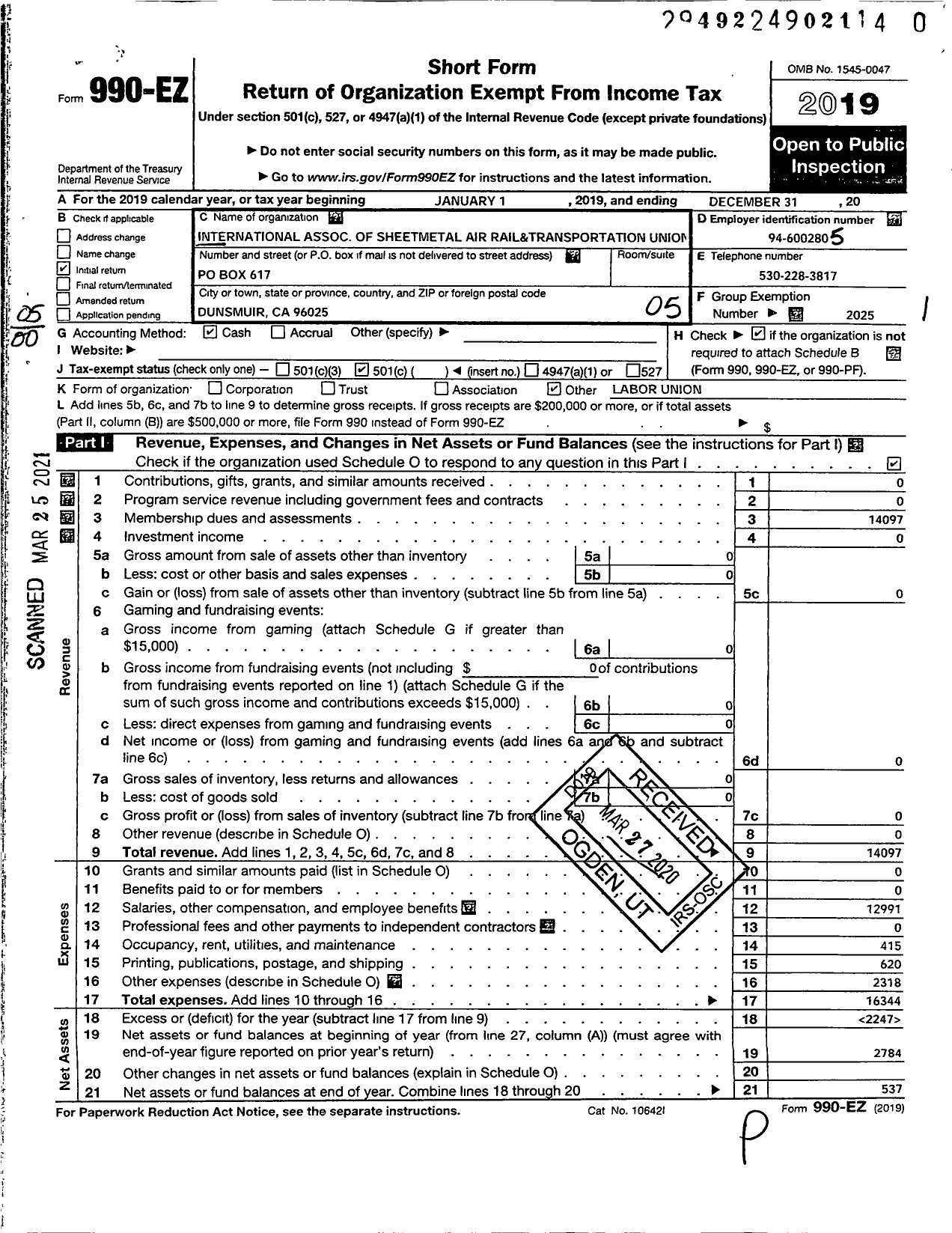 Image of first page of 2019 Form 990EO for Smart Union - 694 TD