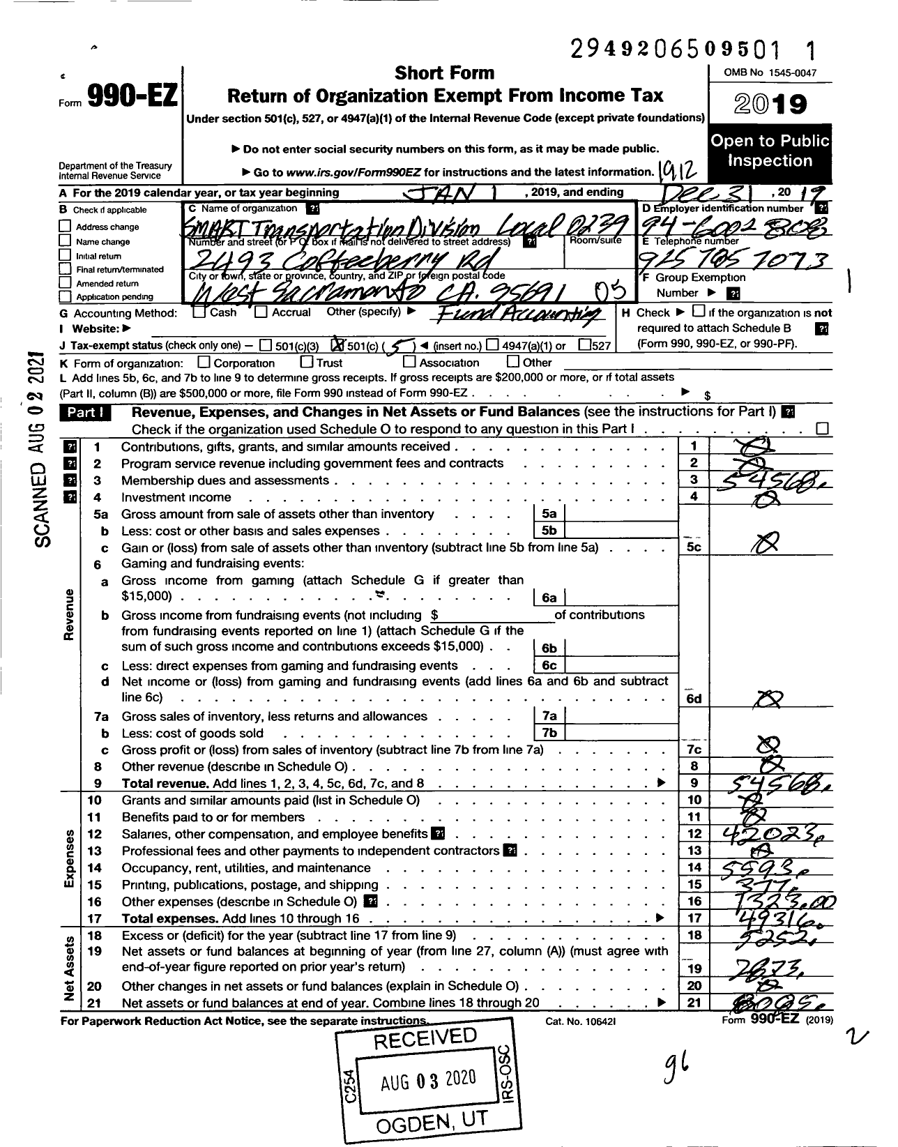 Image of first page of 2019 Form 990EO for Smart Union - 239 TD