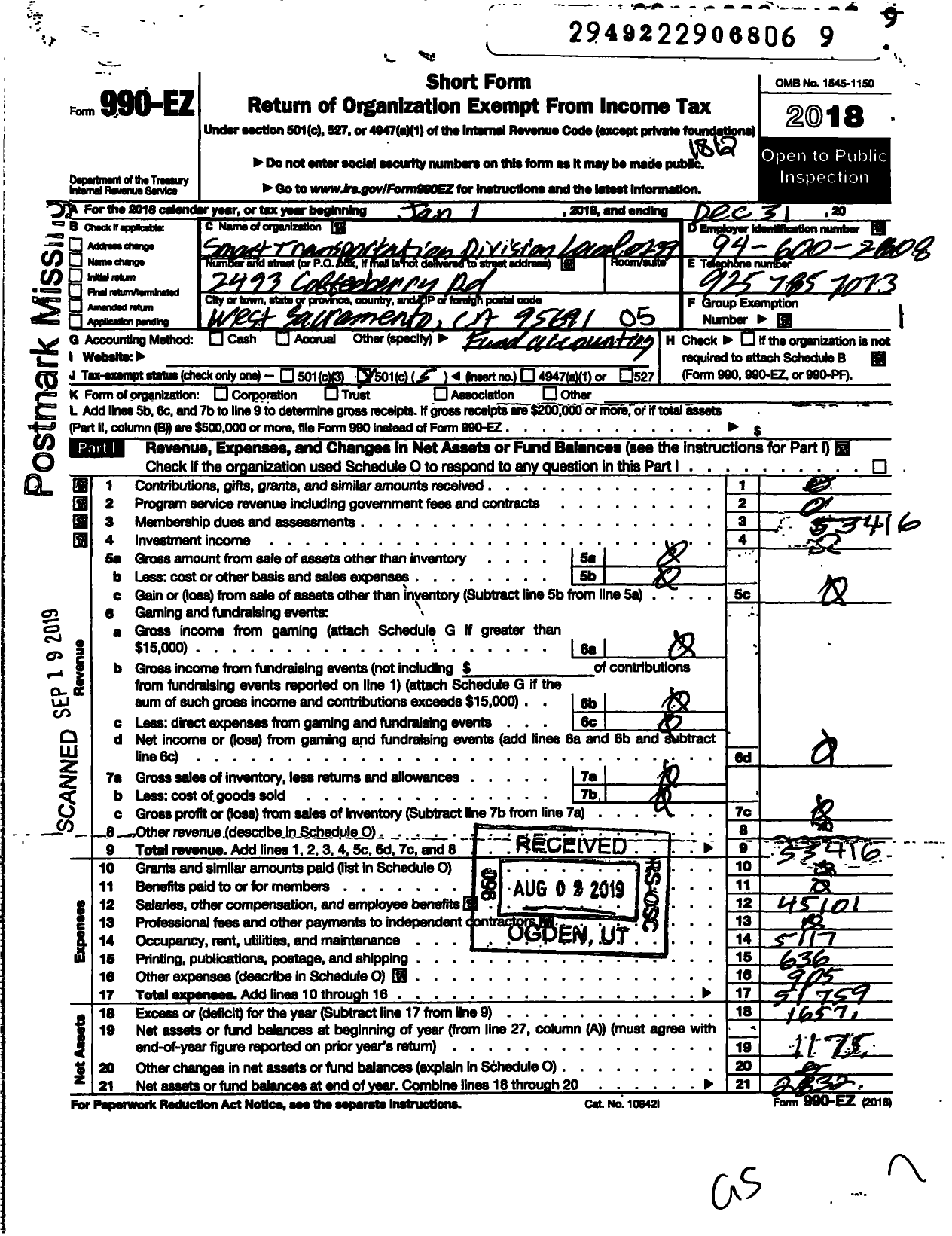 Image of first page of 2018 Form 990EO for Smart Union - 239 TD