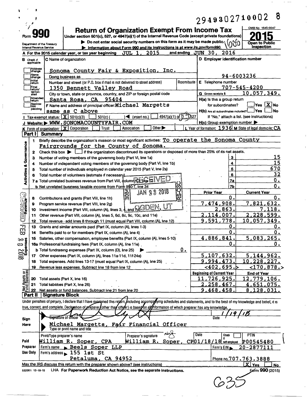 Image of first page of 2015 Form 990 for Sonoma County Fair and Exposition