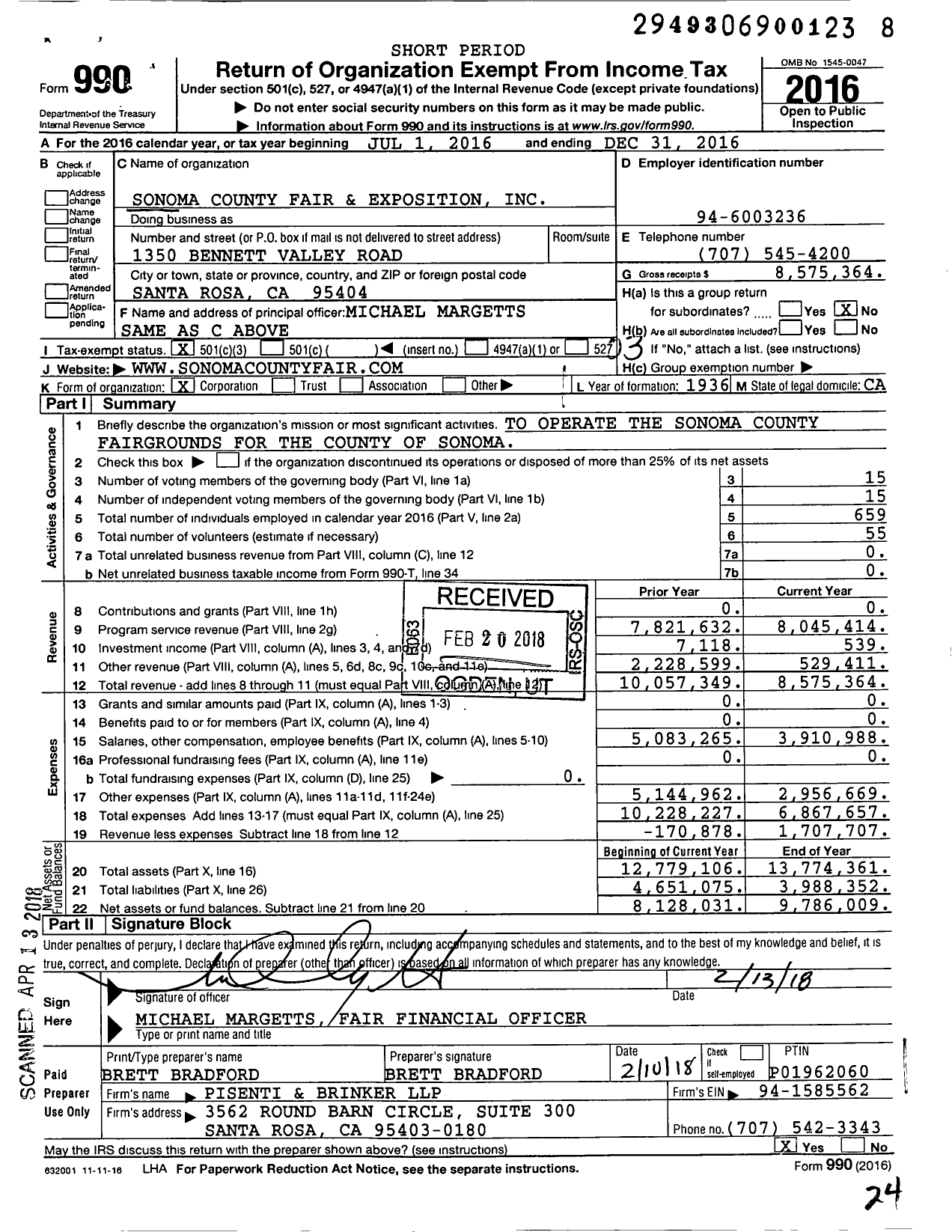 Image of first page of 2016 Form 990 for Sonoma County Fair and Exposition