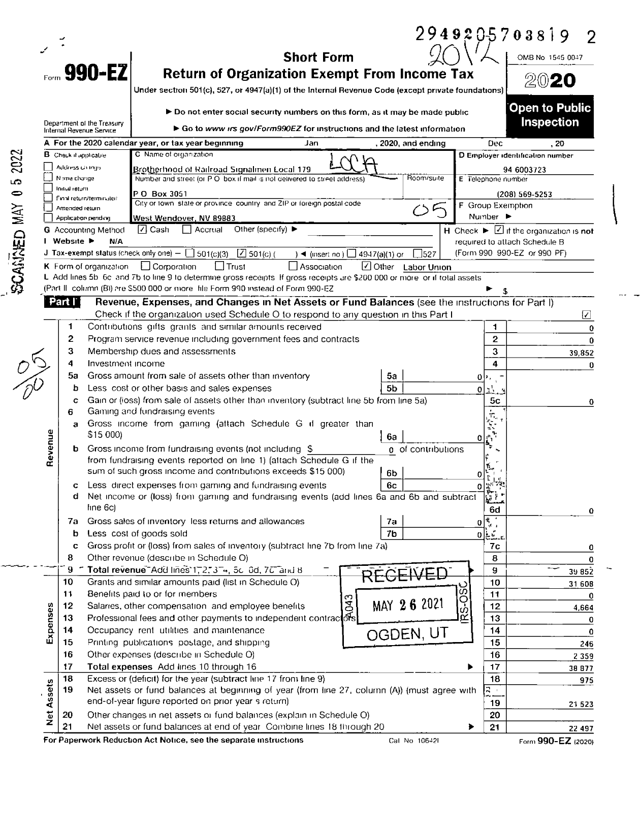 Image of first page of 2020 Form 990EO for Brotherhood of Railroad Signalmen Local 179