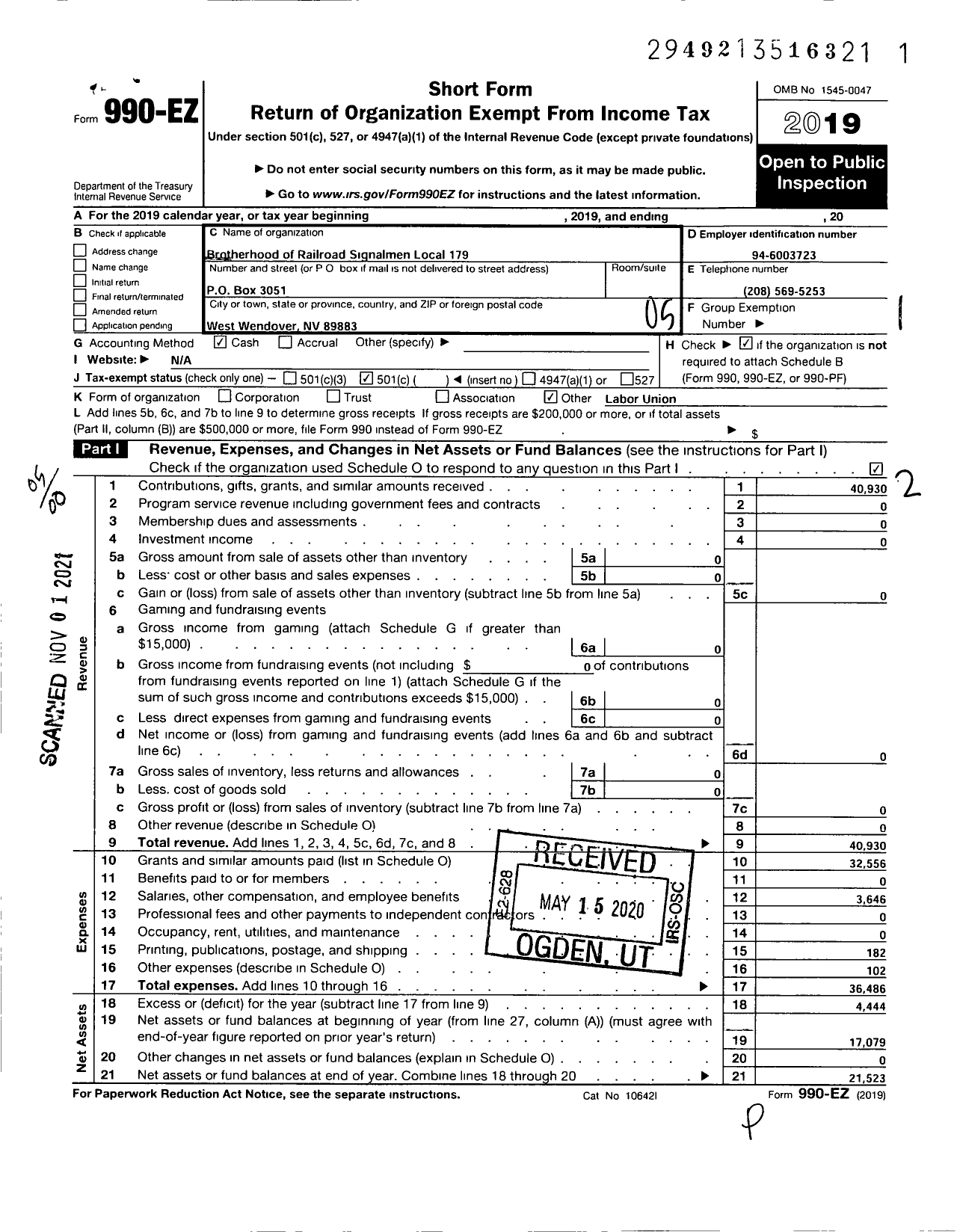 Image of first page of 2019 Form 990EO for Brotherhood of Railroad Signalmen Local 179