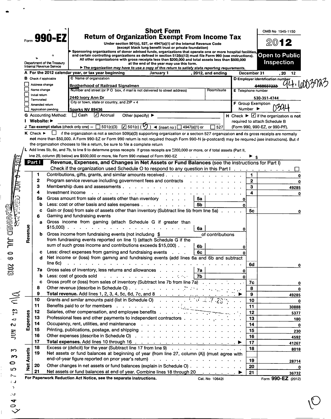 Image of first page of 2012 Form 990EO for Brotherhood of Railroad Signalmen Local 179