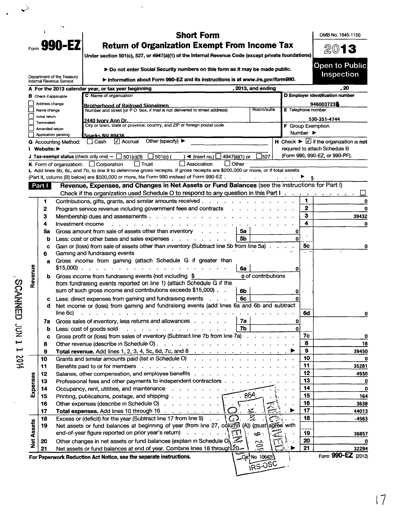 Image of first page of 2013 Form 990EO for Local No 179 Brotherhood of Railroad Signalmen