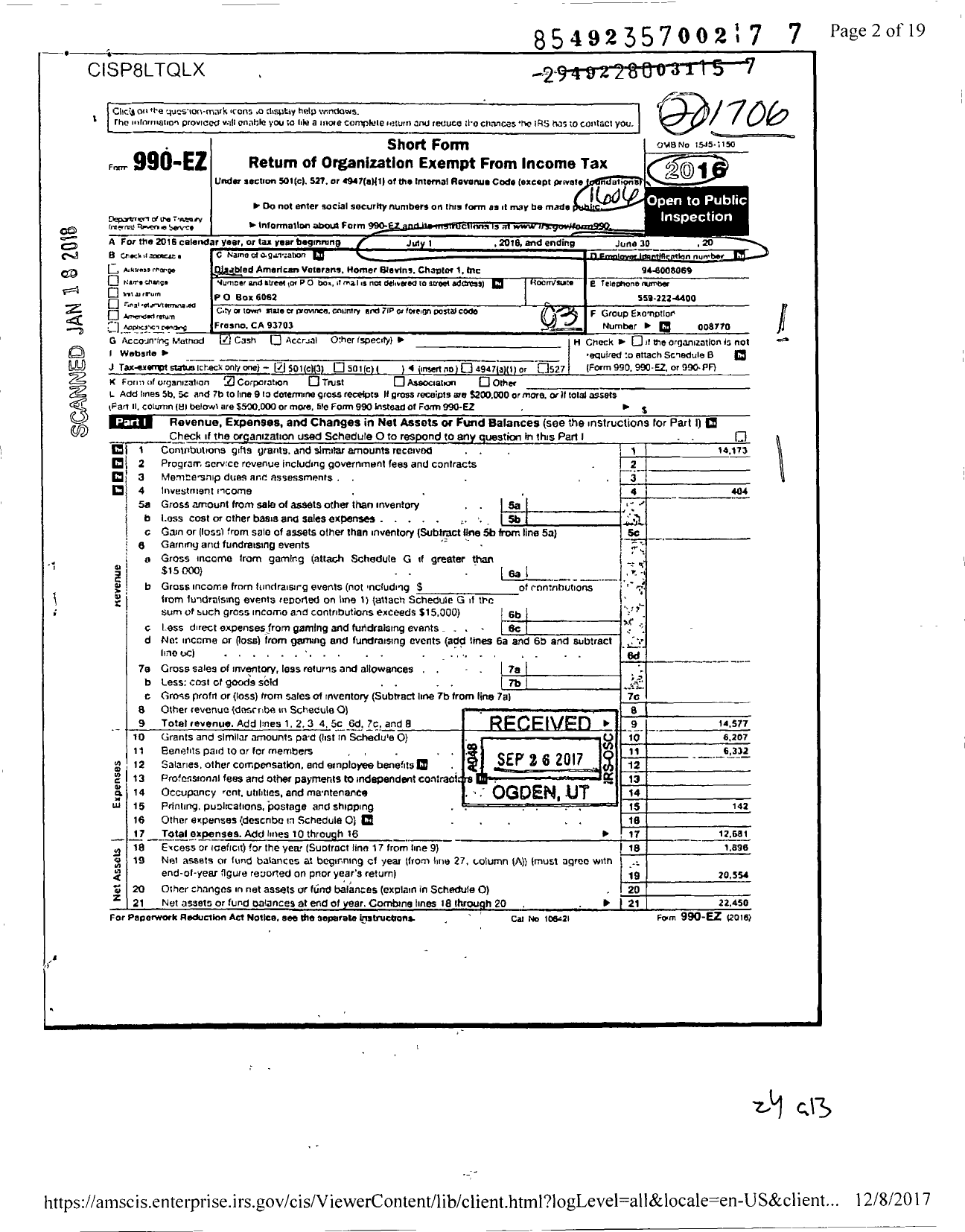 Image of first page of 2016 Form 990EZ for Disabled American Veterans