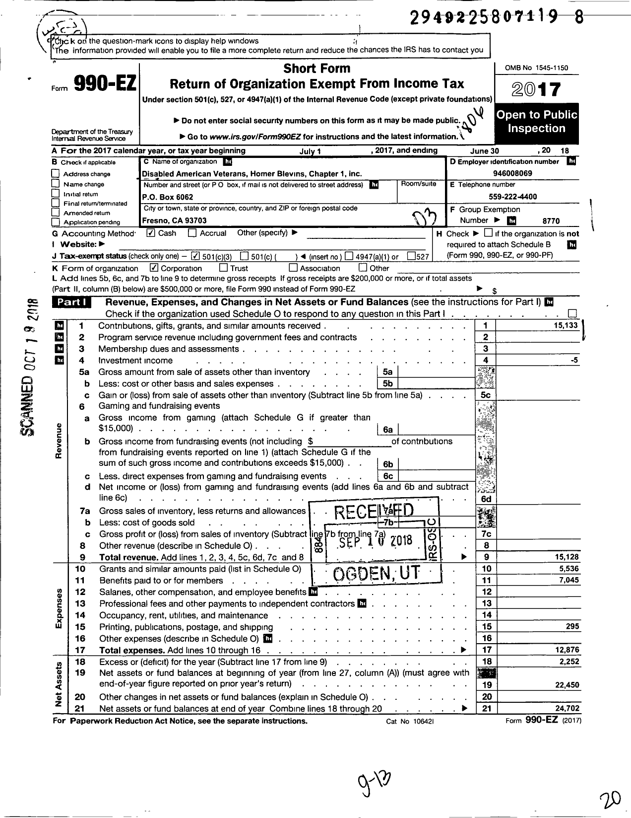 Image of first page of 2017 Form 990EZ for Disabled American Veterans