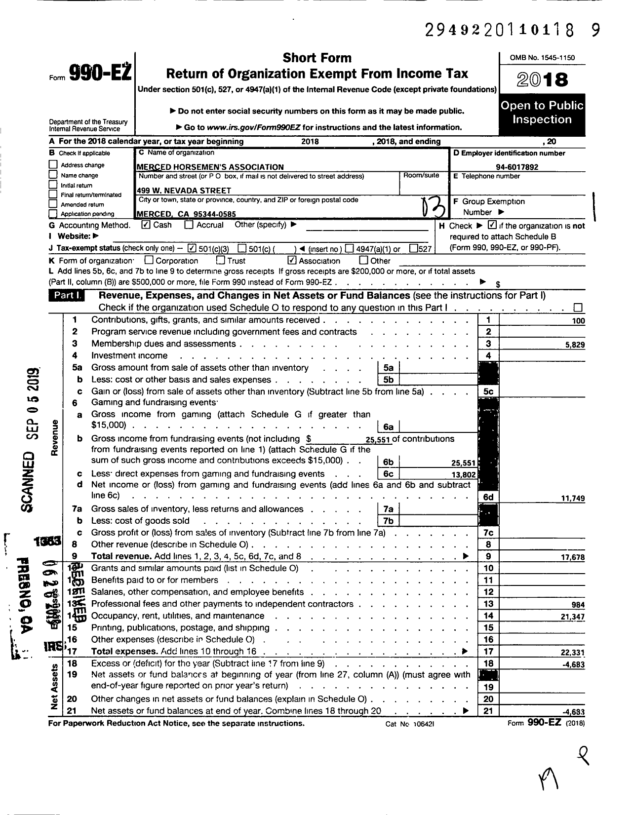 Image of first page of 2018 Form 990EZ for Merced Horsemen's Association