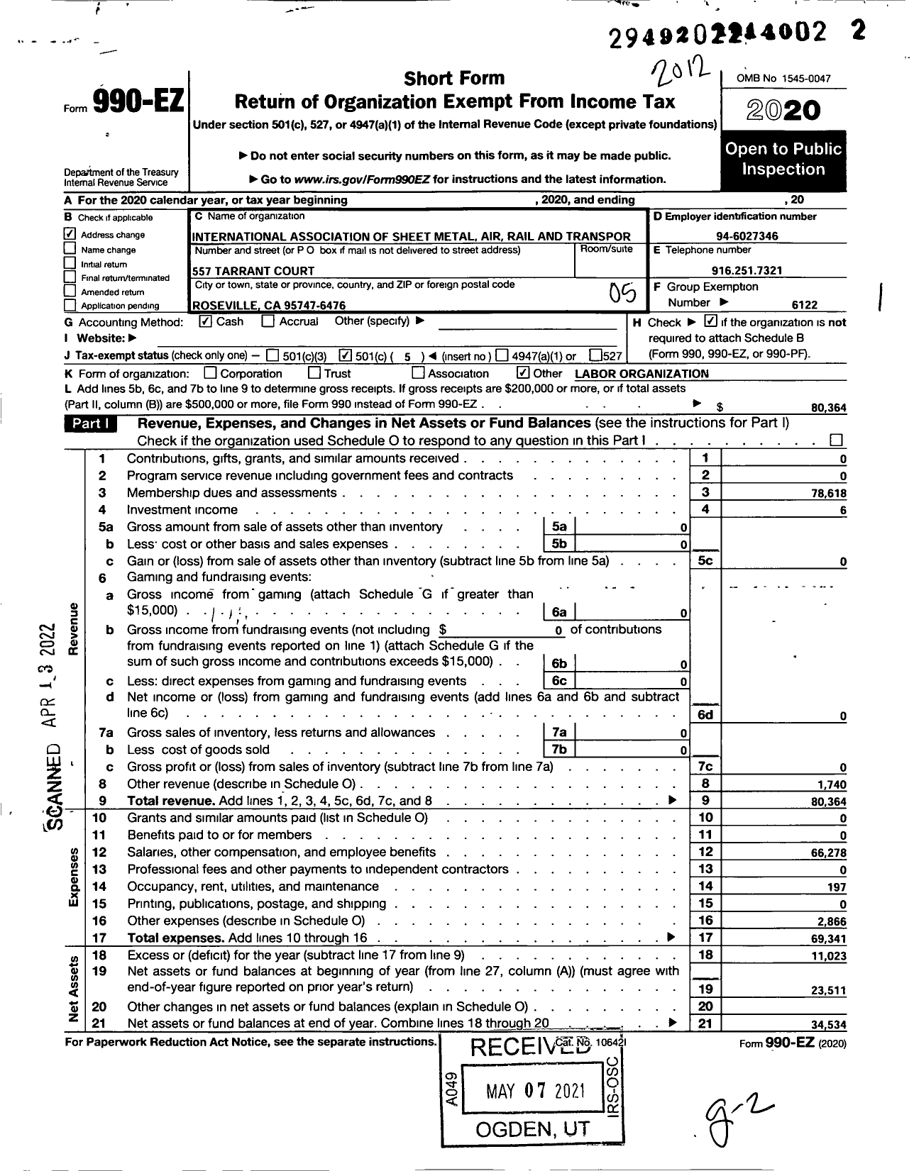 Image of first page of 2020 Form 990EO for Smart Union - 1570 TD